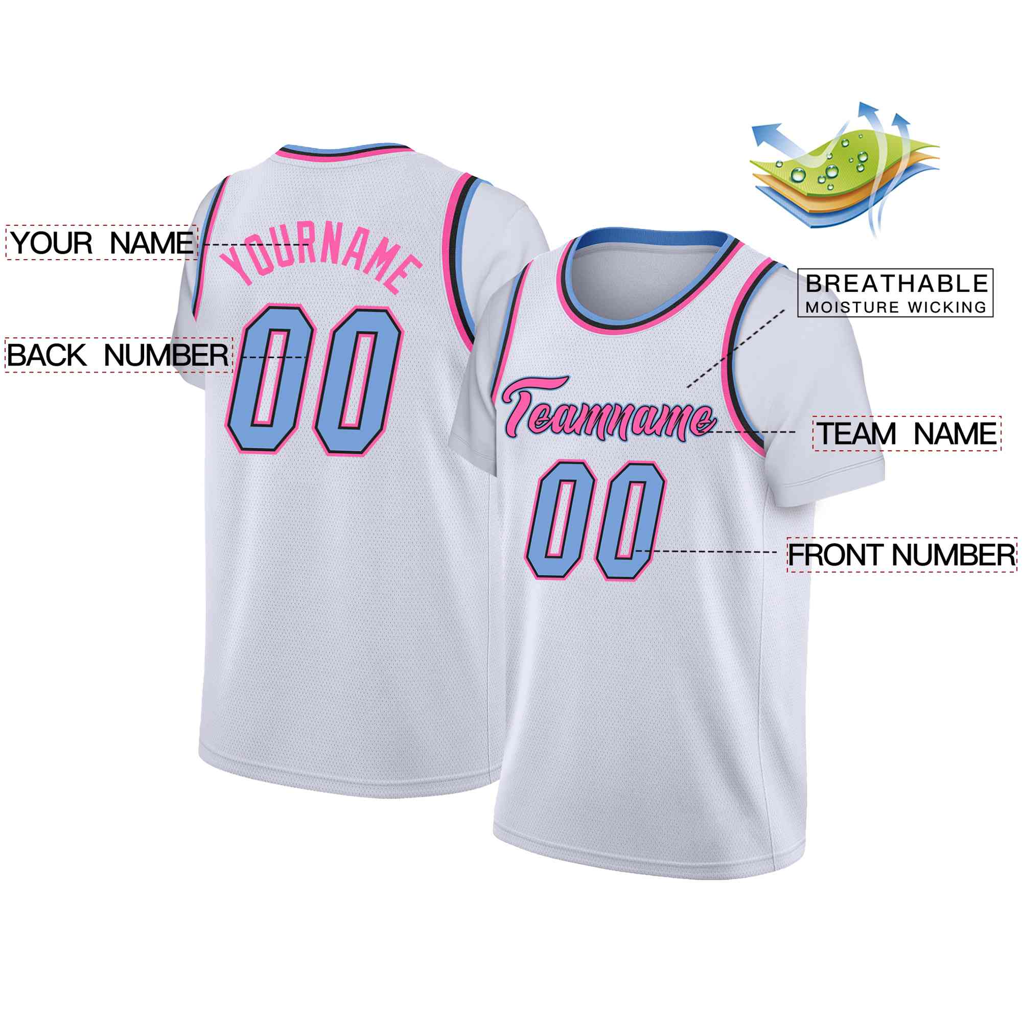 Custom White Pink-Light Blue Classic Tops Casual Fake Sleeve Basketball Jersey - Image 2