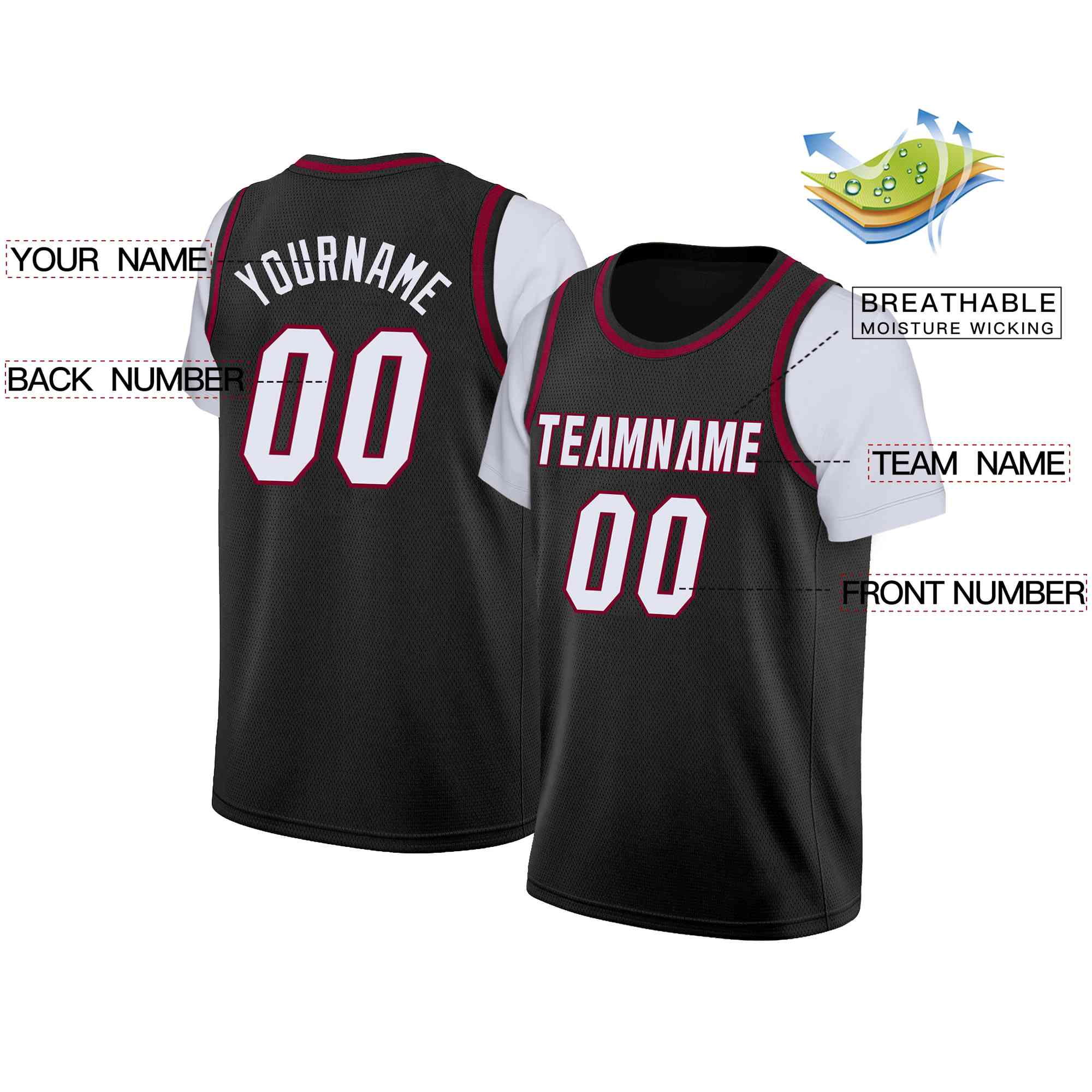 Custom Black White-Maroon Classic Tops Casual Fake Sleeve Basketball Jersey - Image 2
