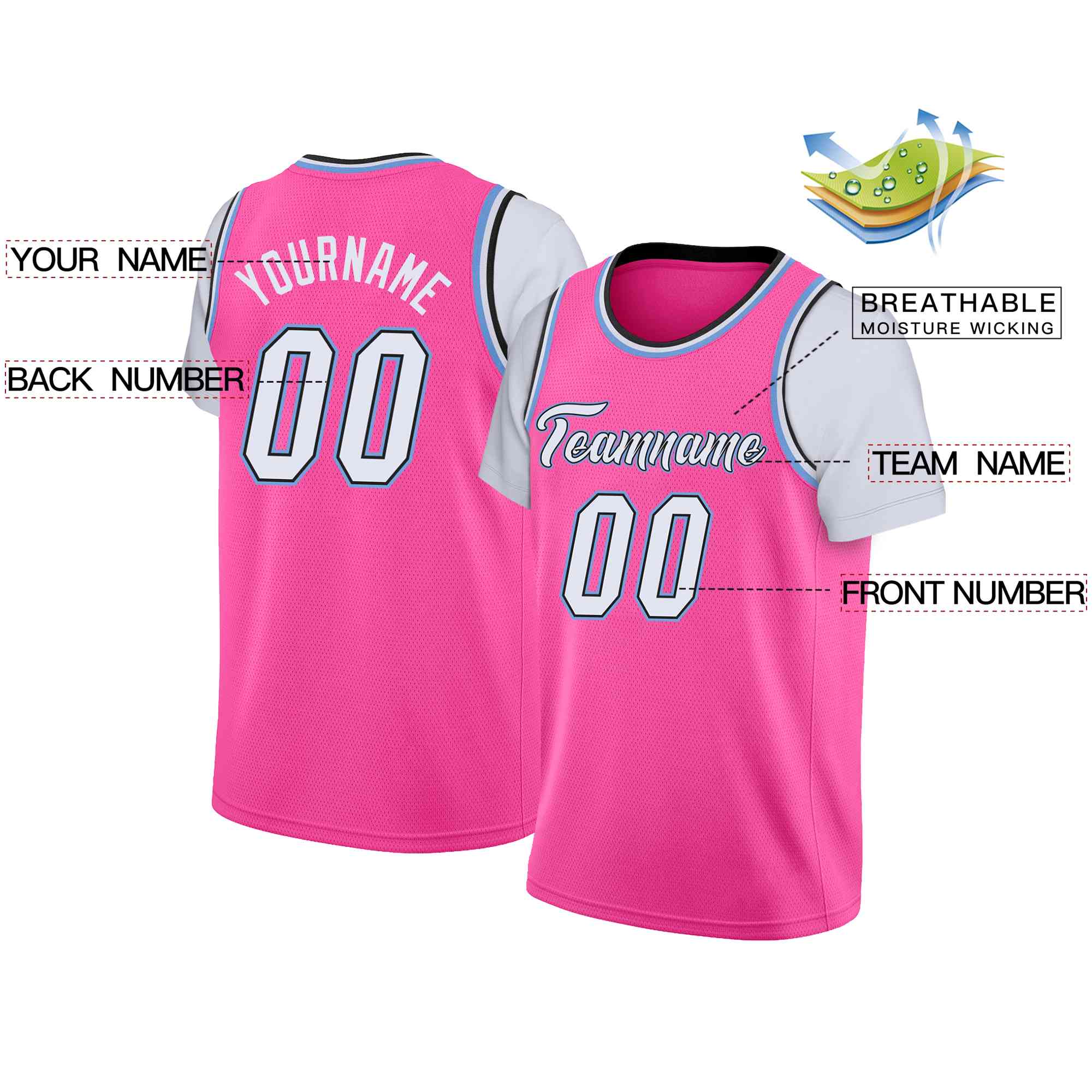 Custom Pink White-Black Classic Tops Casual Fake Sleeve Basketball Jersey - Image 2