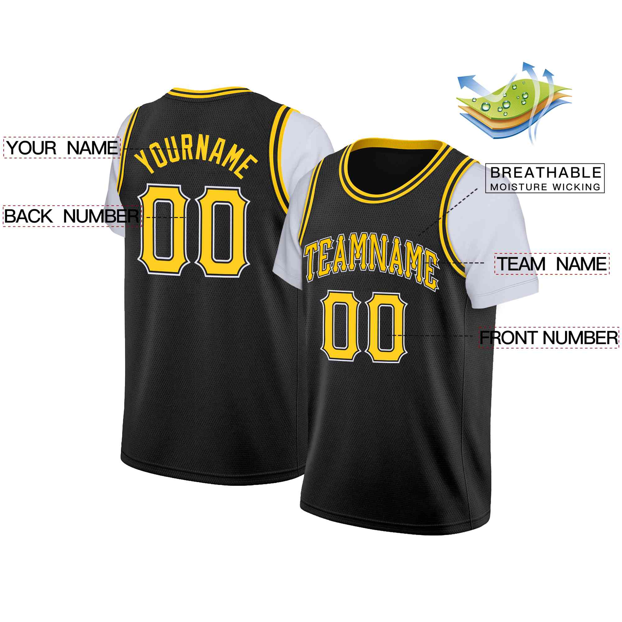 Custom Black Yellow-Black Classic Tops Casual Fake Sleeve Basketball Jersey - Image 2