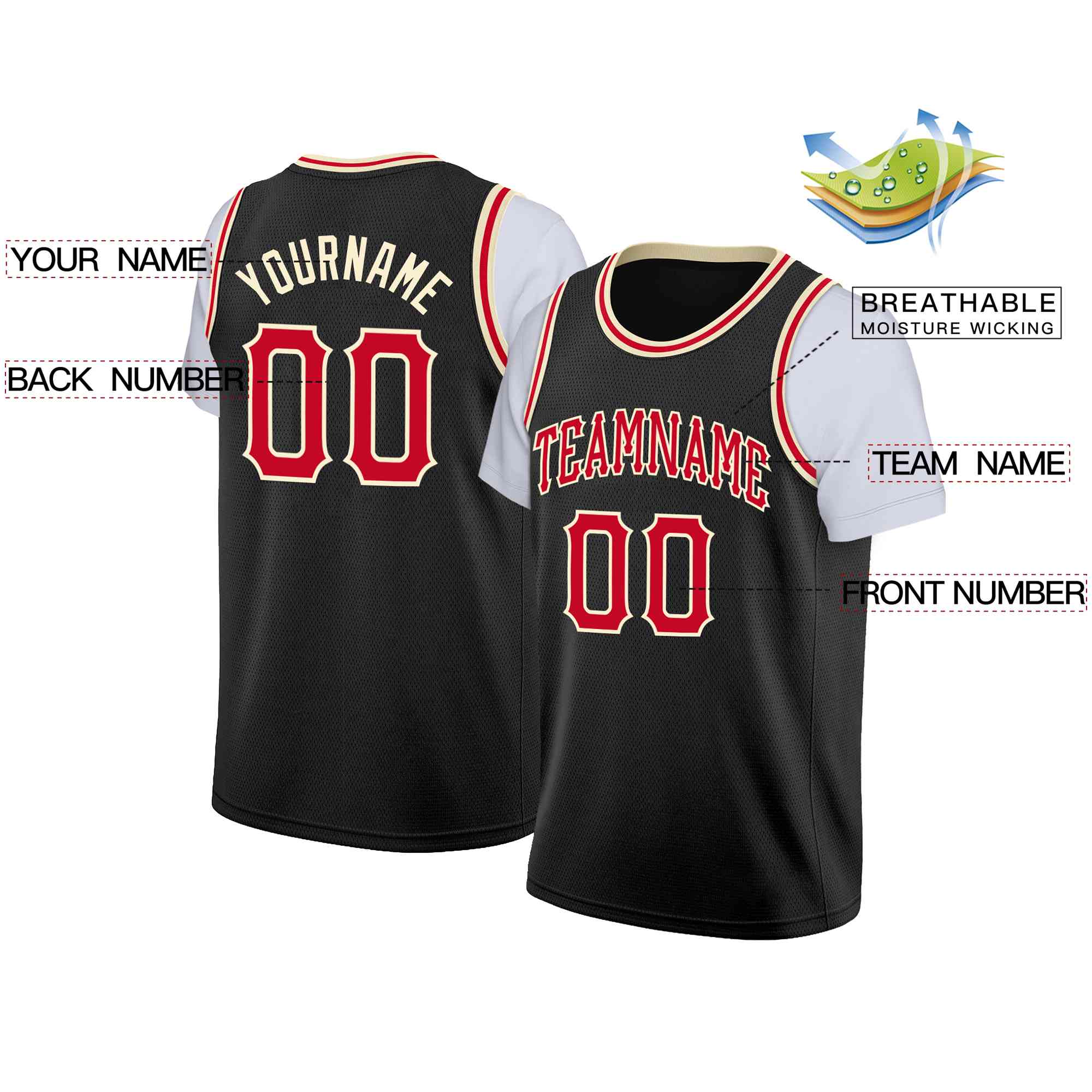 Custom Black Red-Cream Classic Tops Casual Fake Sleeve Basketball Jersey - Image 2