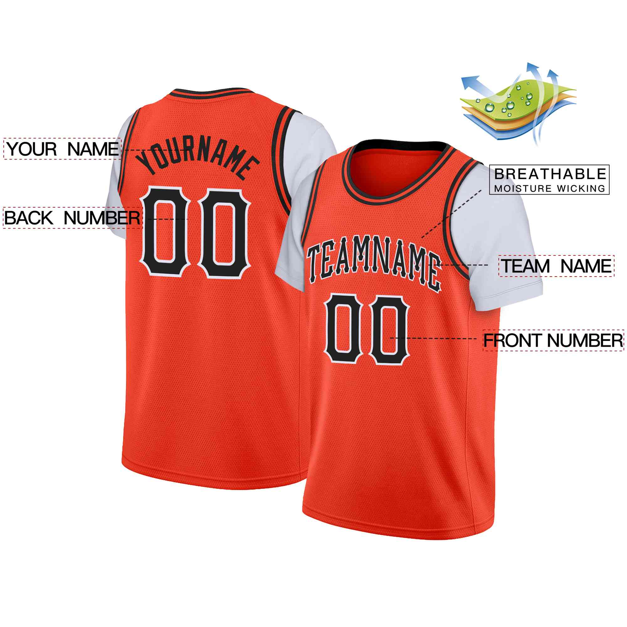 Custom Orange Black-White Classic Tops Casual Fake Sleeve Basketball Jersey - Image 2