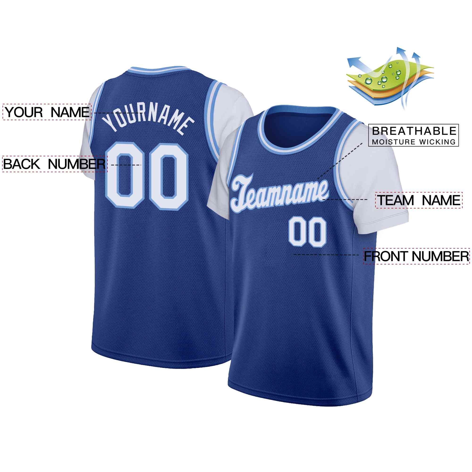 Custom Royal White-Light Blue Classic Tops Casual Fake Sleeve Basketball Jersey - Image 2