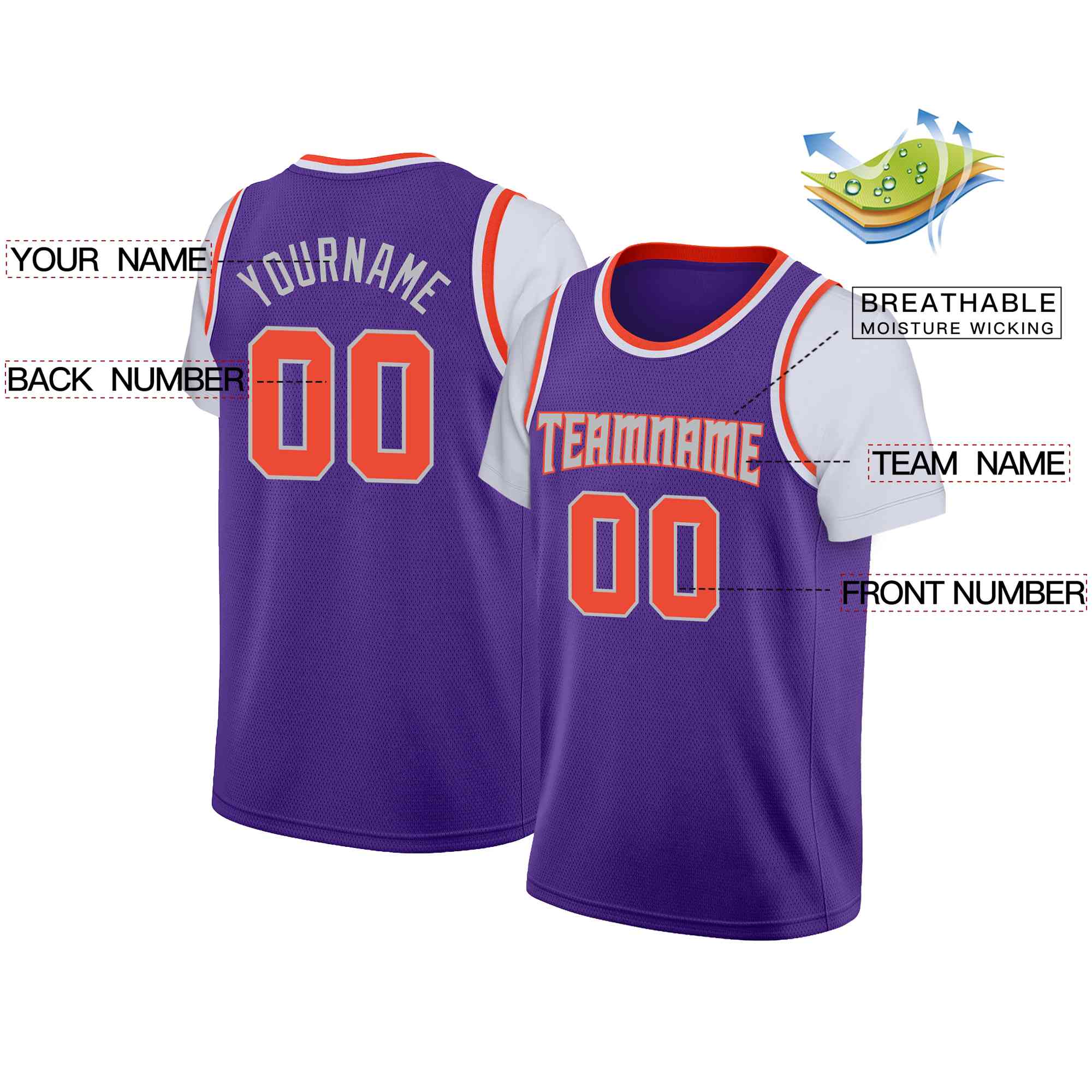 Custom Purple Gray-Orange Classic Tops Casual Fake Sleeve Basketball Jersey - Image 2
