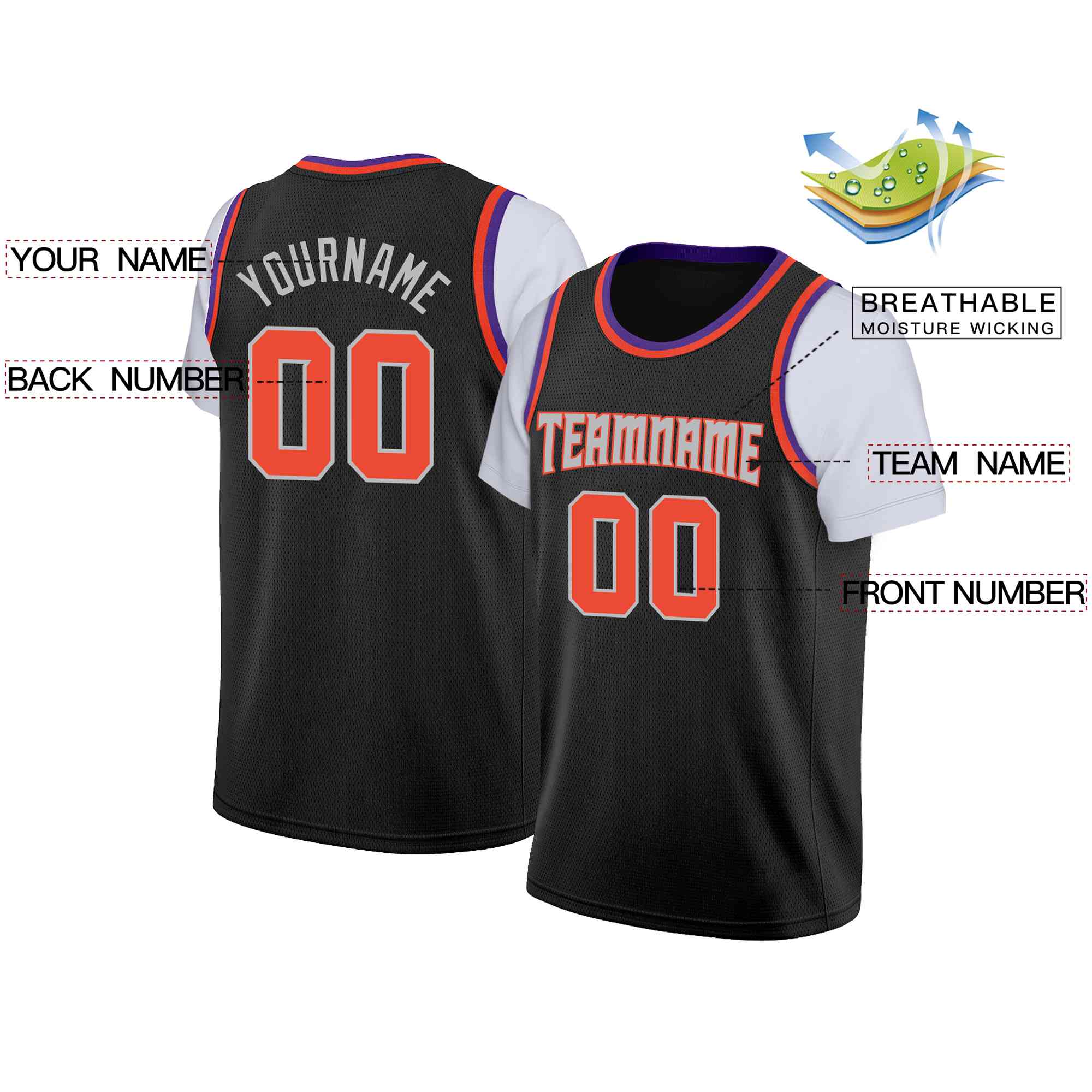 Custom Black Orange-Gray Classic Tops Casual Fake Sleeve Basketball Jersey - Image 2
