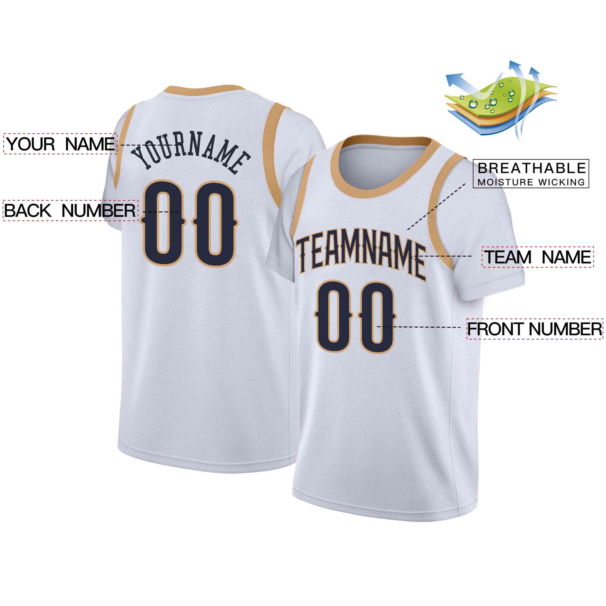 Custom White Navy-Old Gold Classic Tops Casual Fake Sleeve Basketball Jersey - Image 2