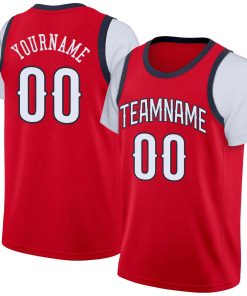 Custom Red White-Navy Classic Tops Casual Fake Sleeve Basketball Jersey