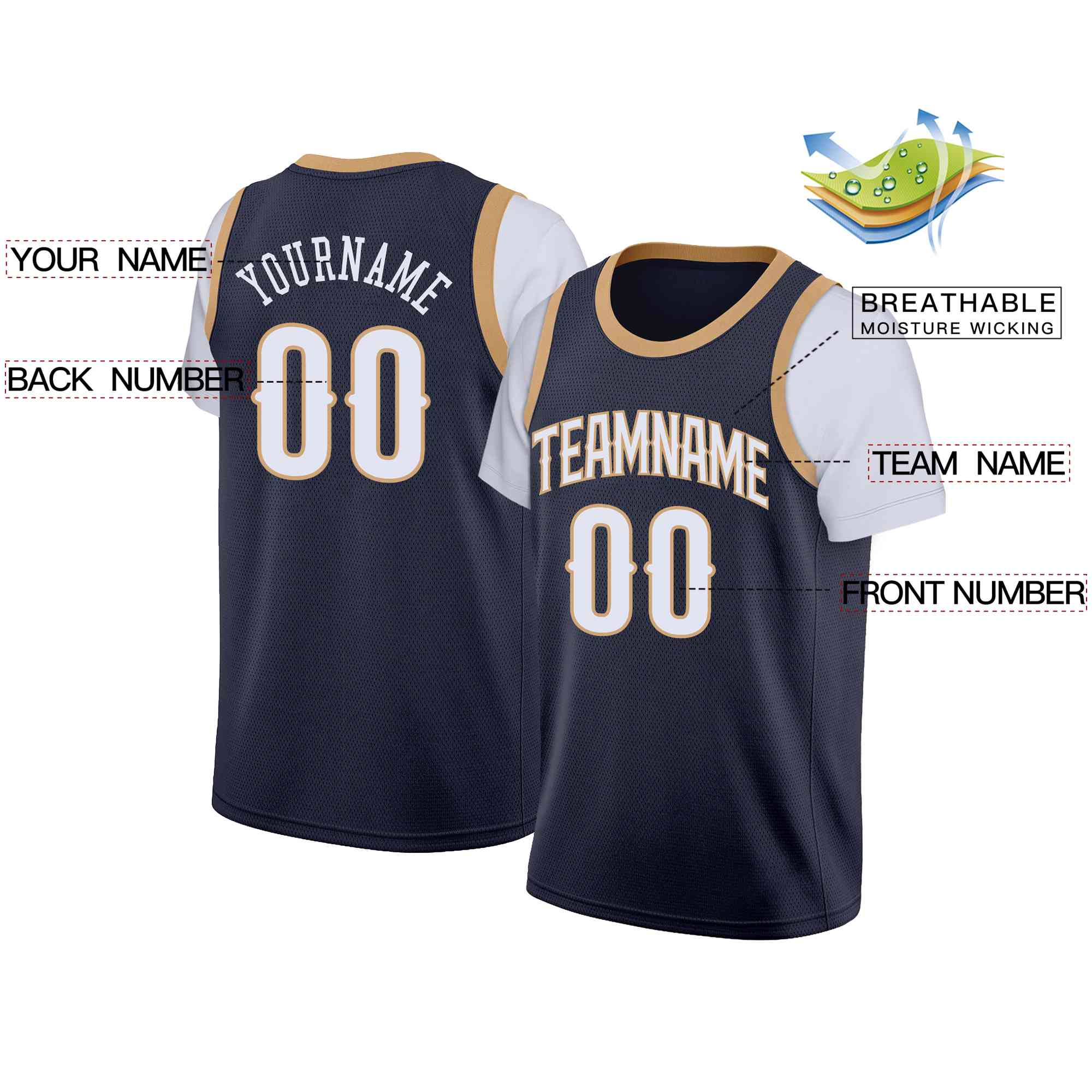 Custom Navy White-Old Gold Classic Tops Casual Fake Sleeve Basketball Jersey - Image 2