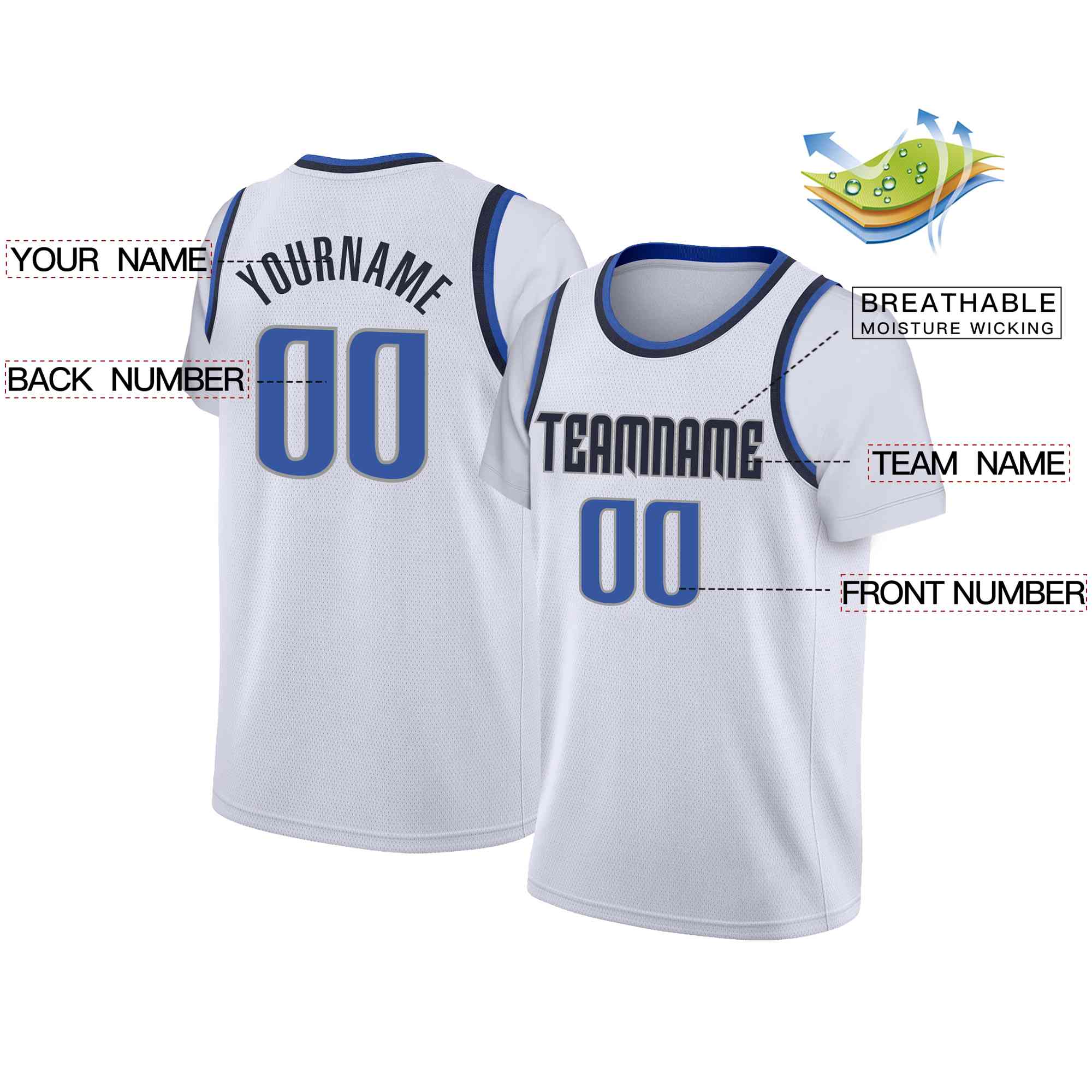 Custom White Navy-Gray Classic Tops Casual Fake Sleeve Basketball Jersey - Image 2