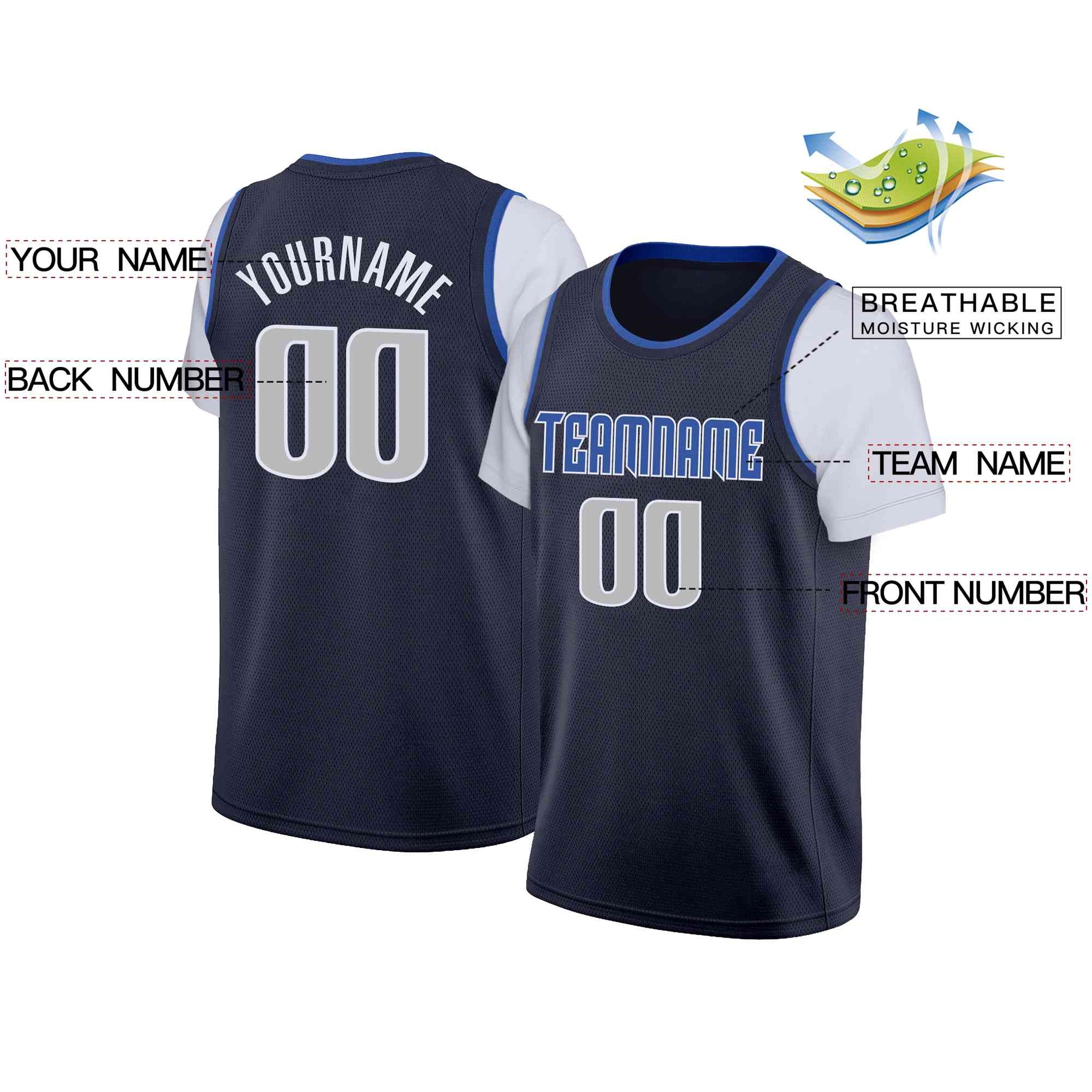Custom Navy Royal-White Classic Tops Casual Fake Sleeve Basketball Jersey - Image 2
