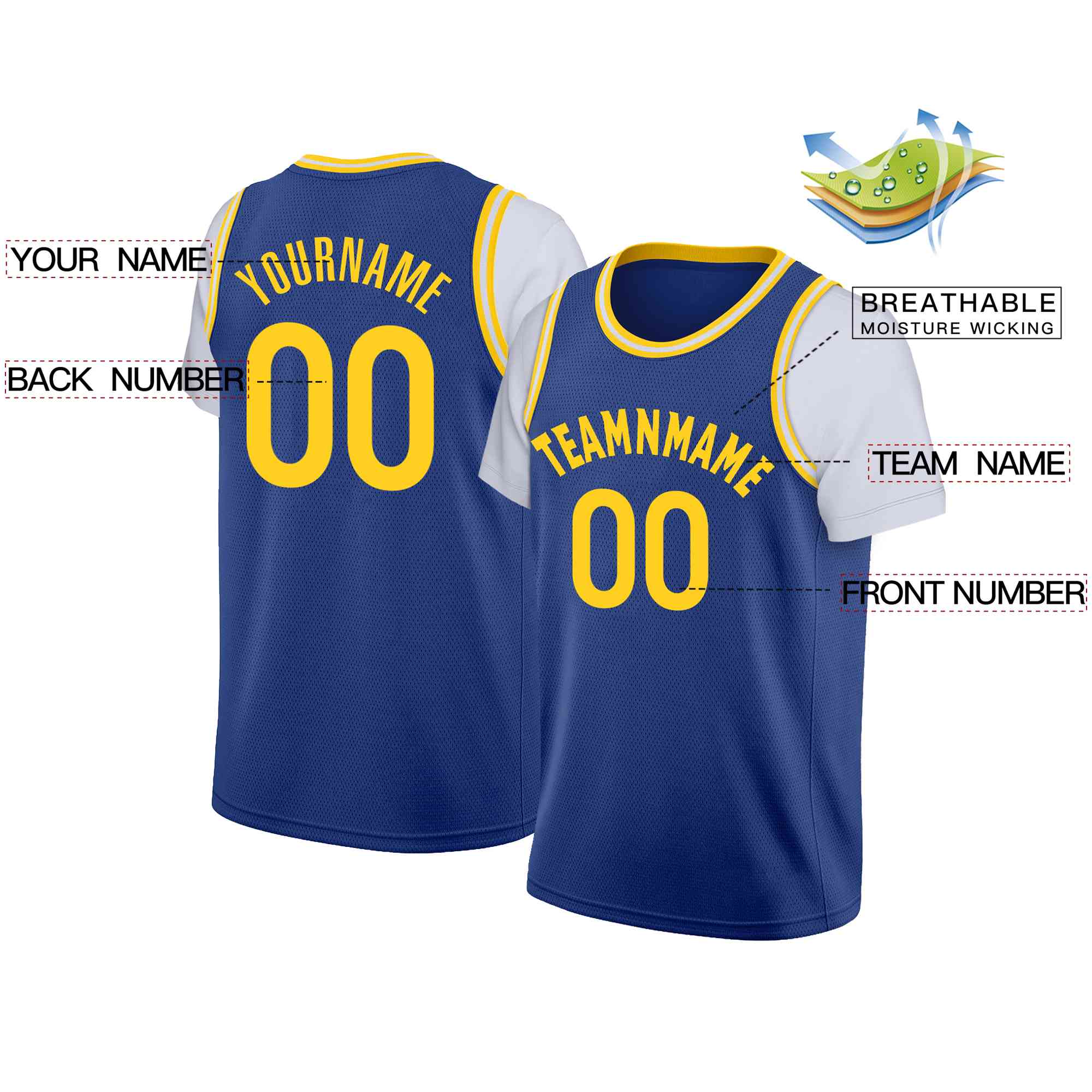 Custom Blue Yellow Classic Tops Casual Fake Sleeve Basketball Jersey - Image 2