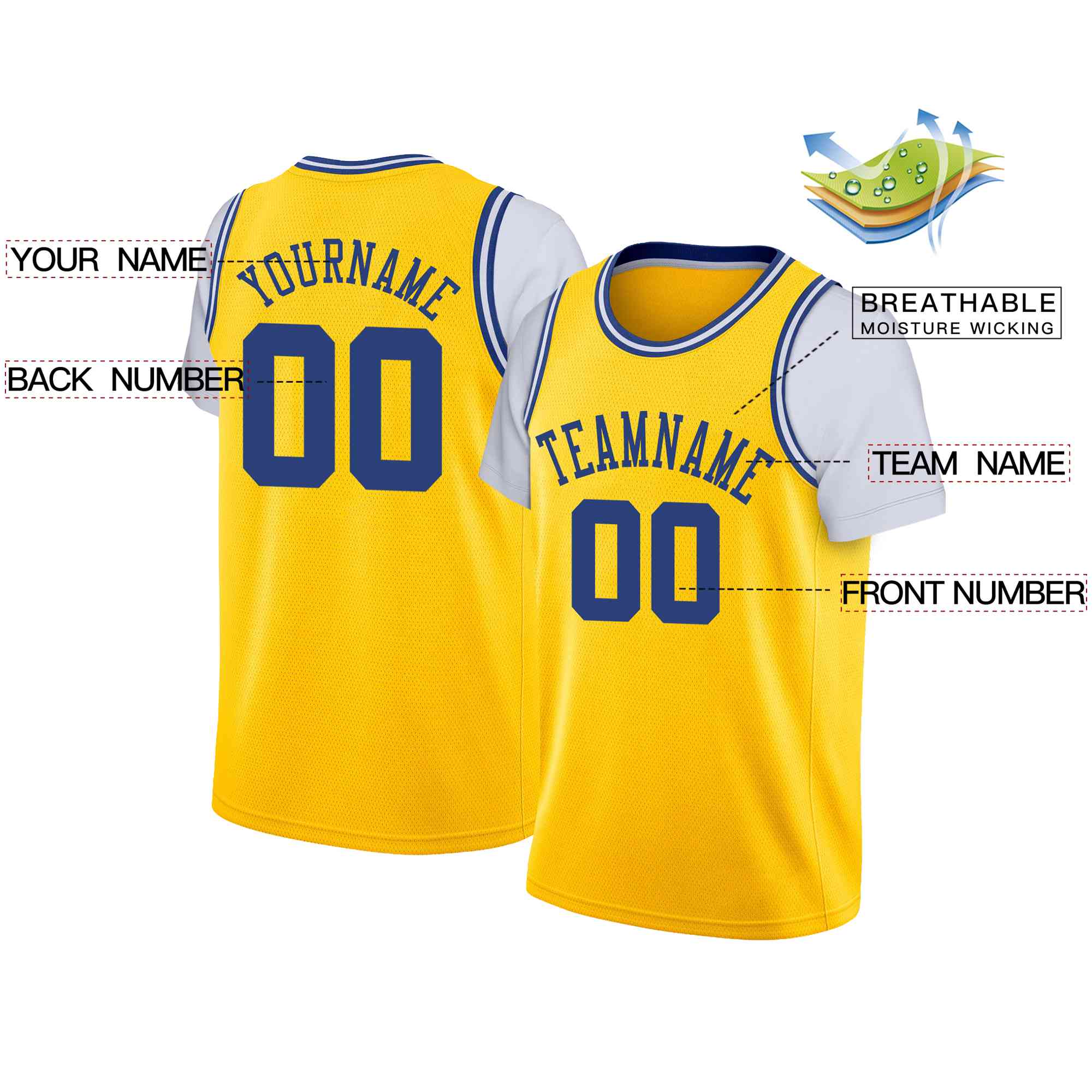 Custom Yellow Blue Classic Tops Casual Fake Sleeve Basketball Jersey - Image 2