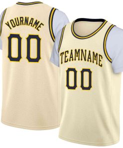 Custom Cream Navy-Yellow Classic Tops Casual Fake Sleeve Basketball Jersey