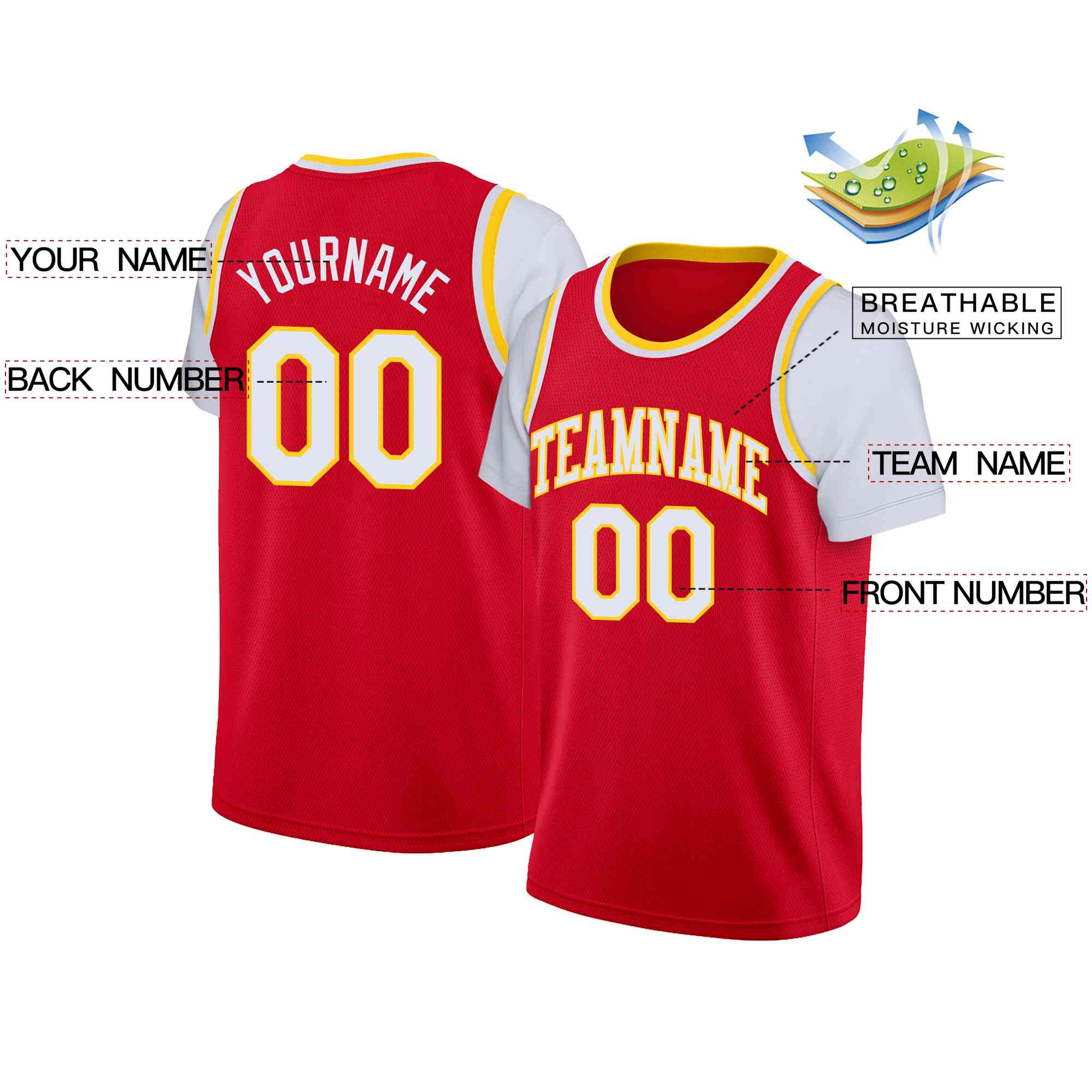 Custom Red White-Yellow Classic Tops Casual Fake Sleeve Basketball Jersey - Image 2