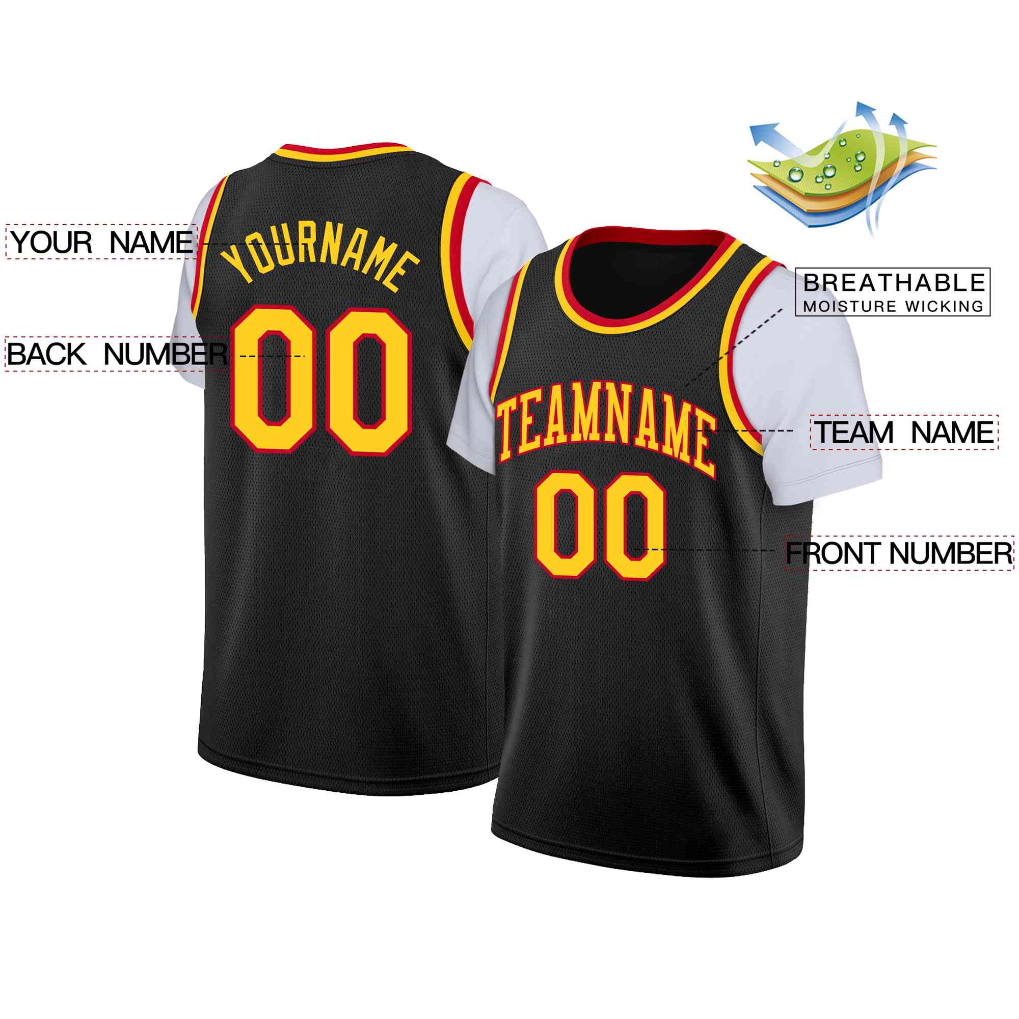 Custom Black Yellow-Red Classic Tops Casual Fake Sleeve Basketball Jersey - Image 2