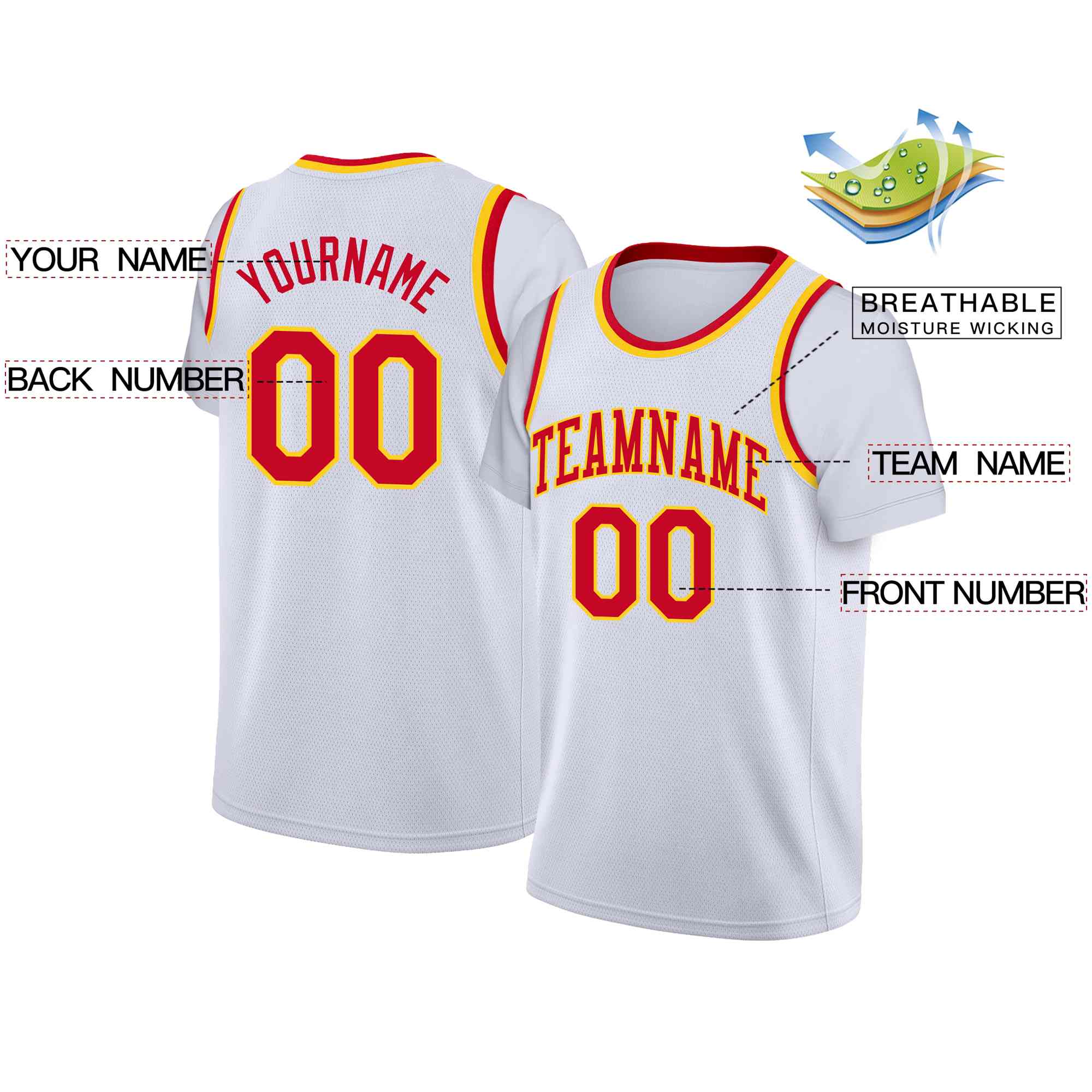 Custom White Red-Yellow Classic Tops Casual Fake Sleeve Basketball Jersey - Image 2