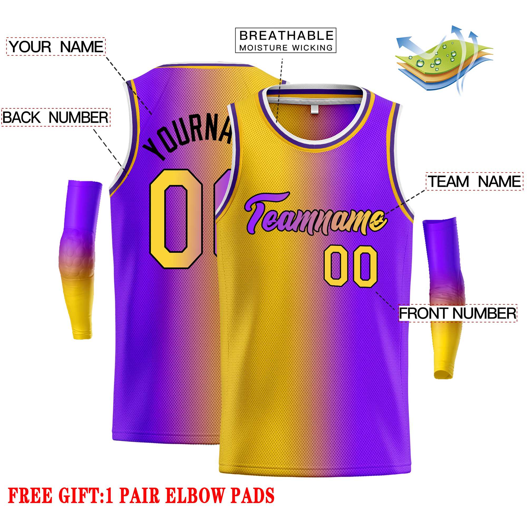 Custom Yellow Purple Black-Purple Gradient Fashion Tops Heal Basketball Jersey - Image 2
