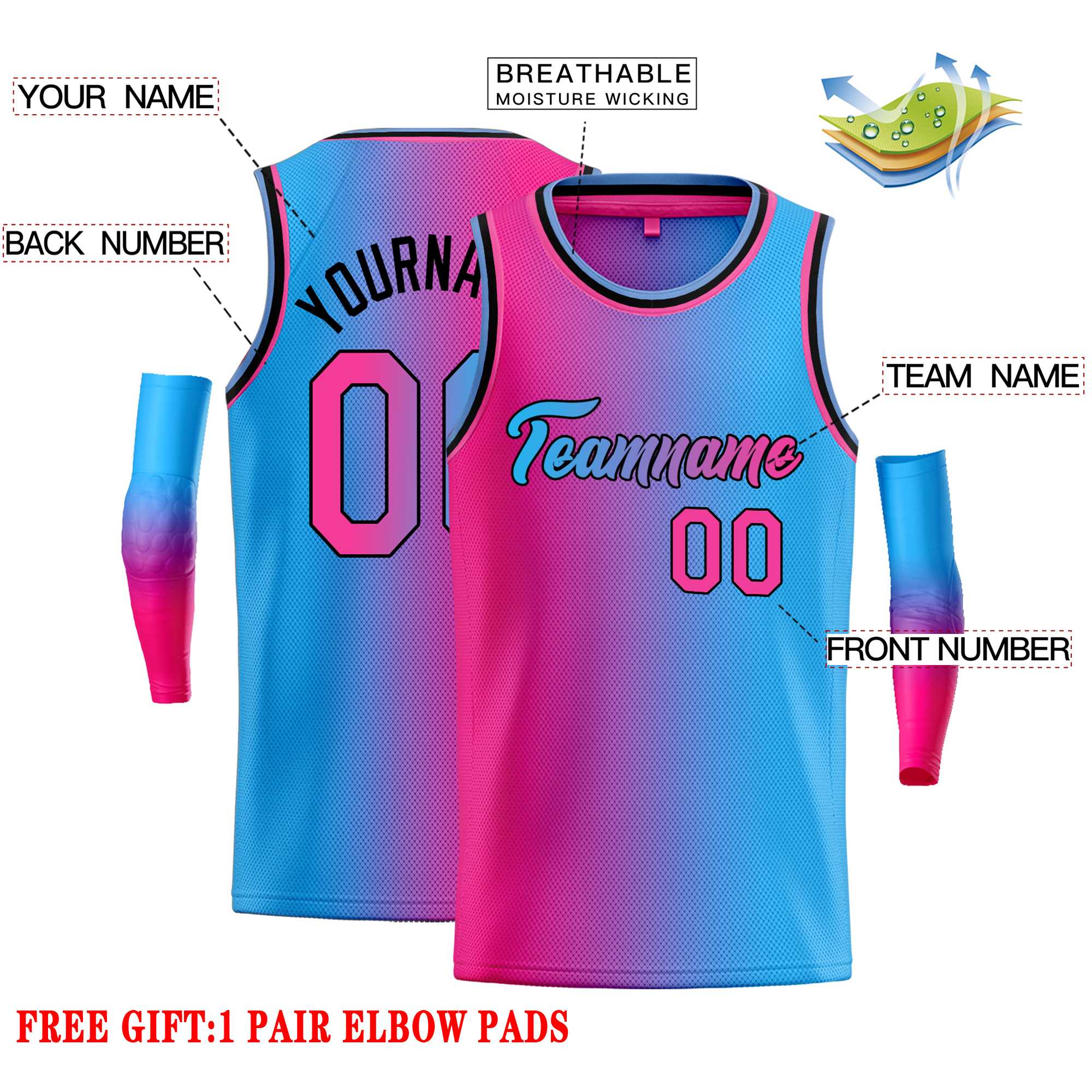 Custom Pink Blue Black-Pink Gradient Fashion Tops Heal Basketball Jersey - Image 2
