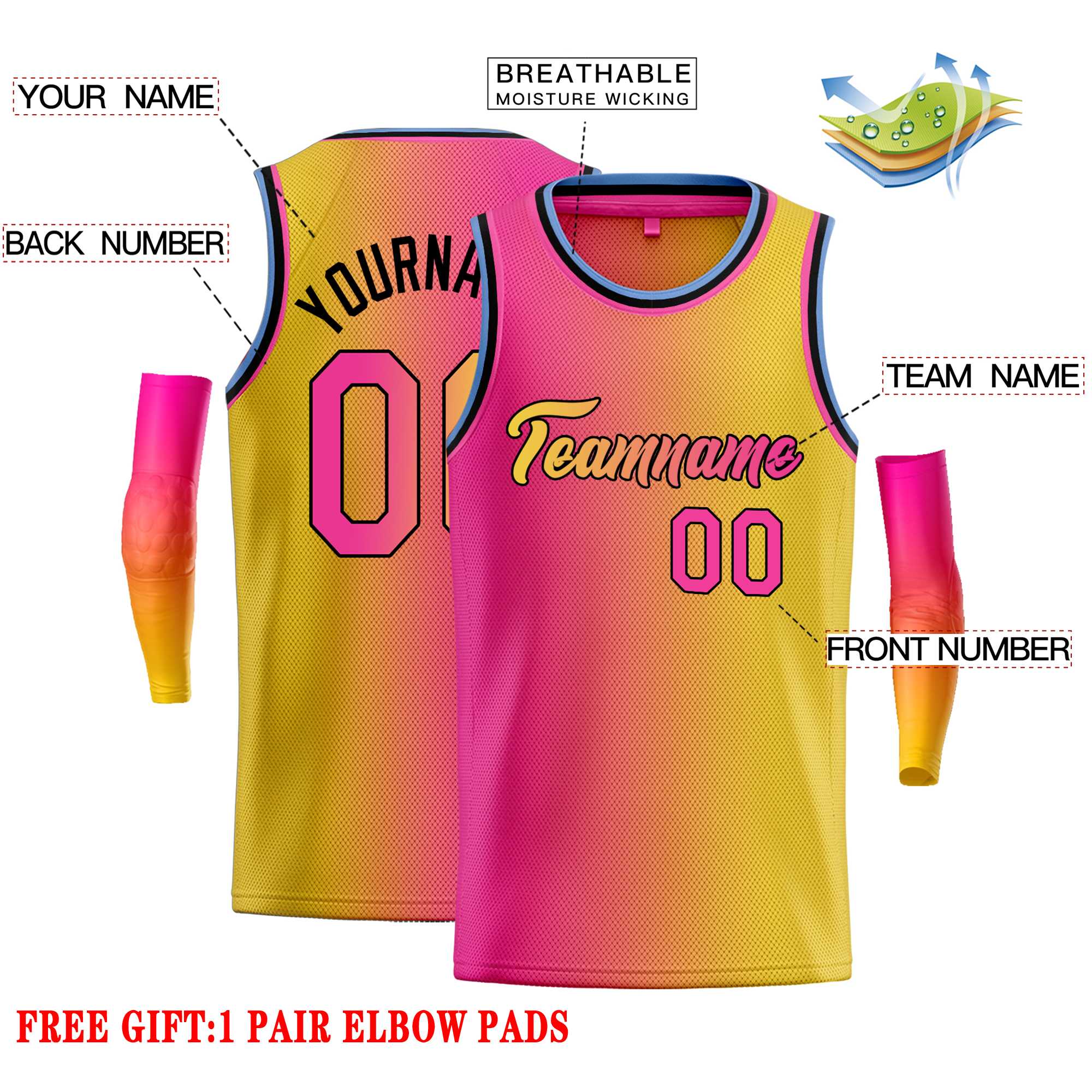 Custom Pink Yellow Black-Yellow Gradient Fashion Tops Heal Basketball Jersey - Image 2