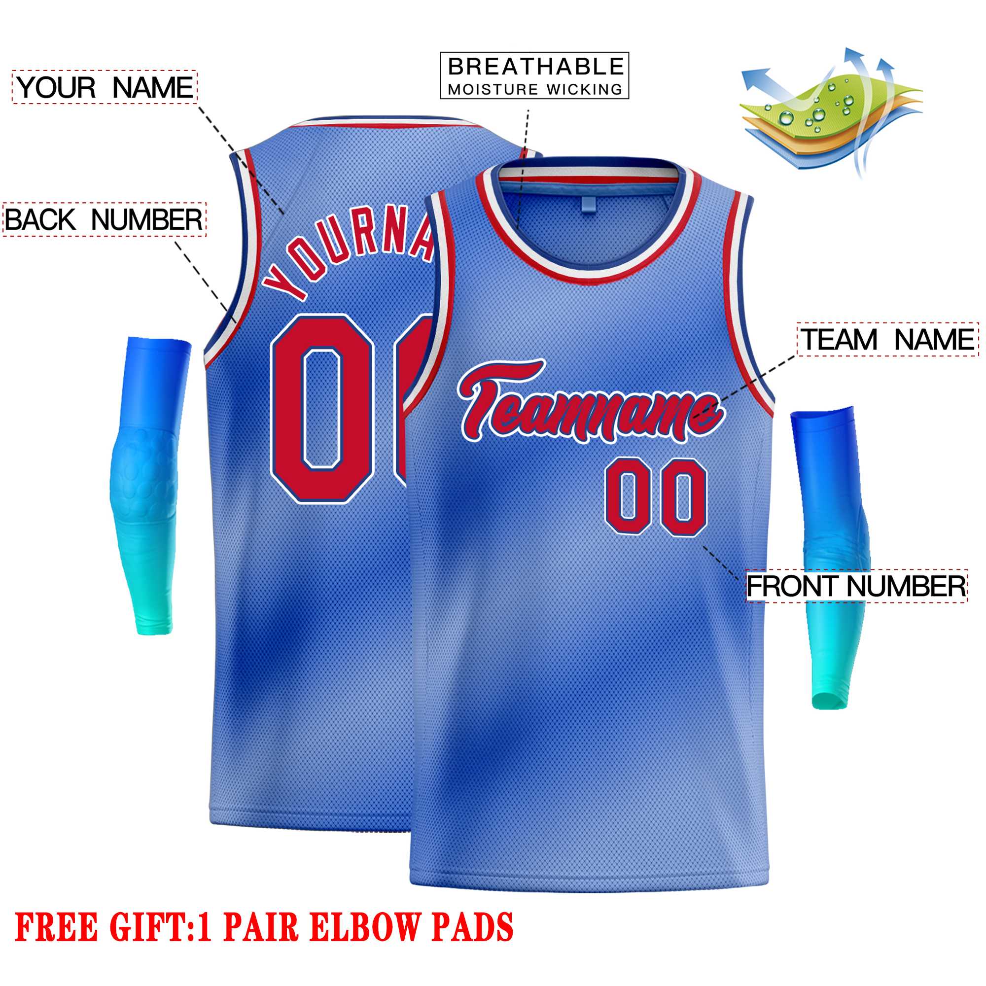 Custom Light Blue White-Red Gradient Fashion Tops Heal Basketball Jersey - Image 2