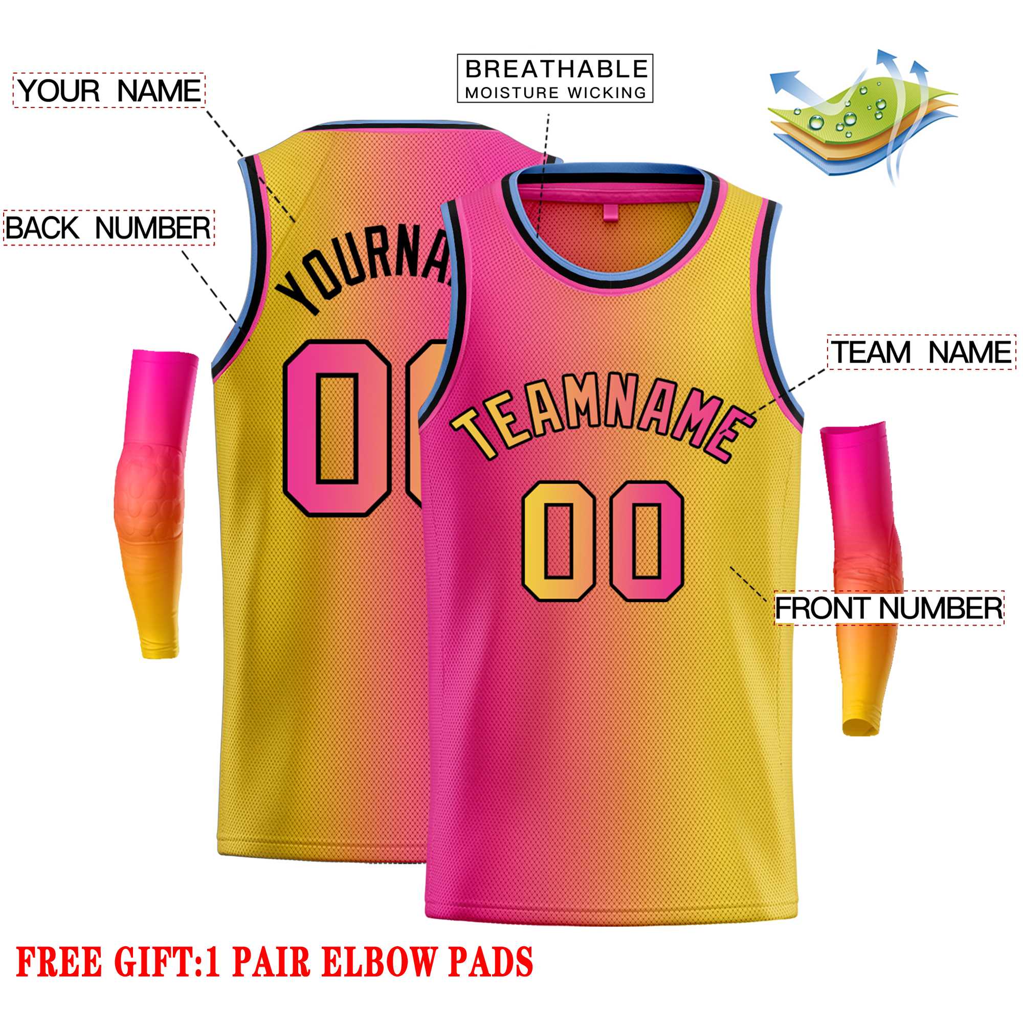 Custom Pink Yellow Black-Yellow Gradient Fashion Tops Bull Basketball Jersey - Image 2