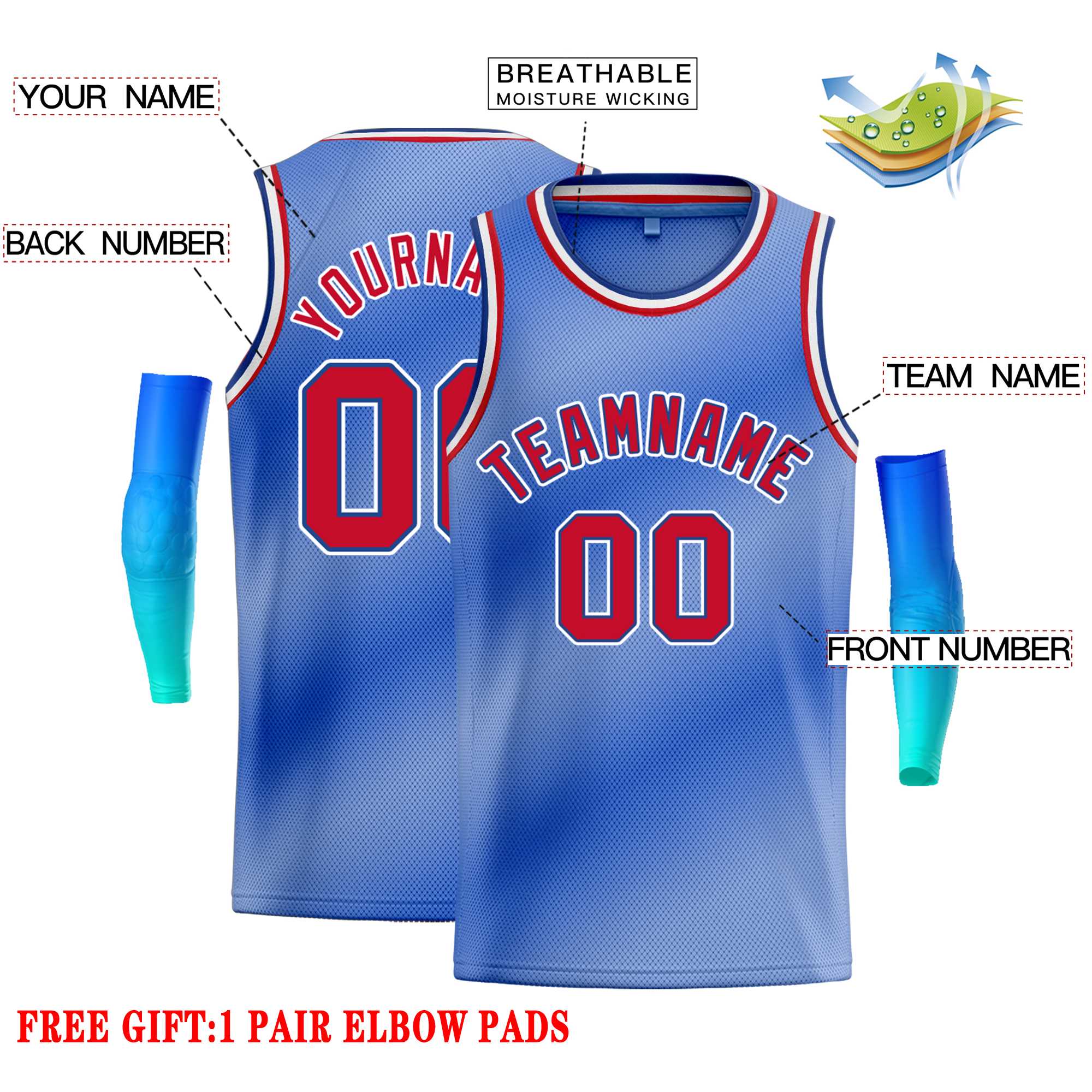 Custom Light Blue White-Red Gradient Fashion Tops Bull Basketball Jersey - Image 2