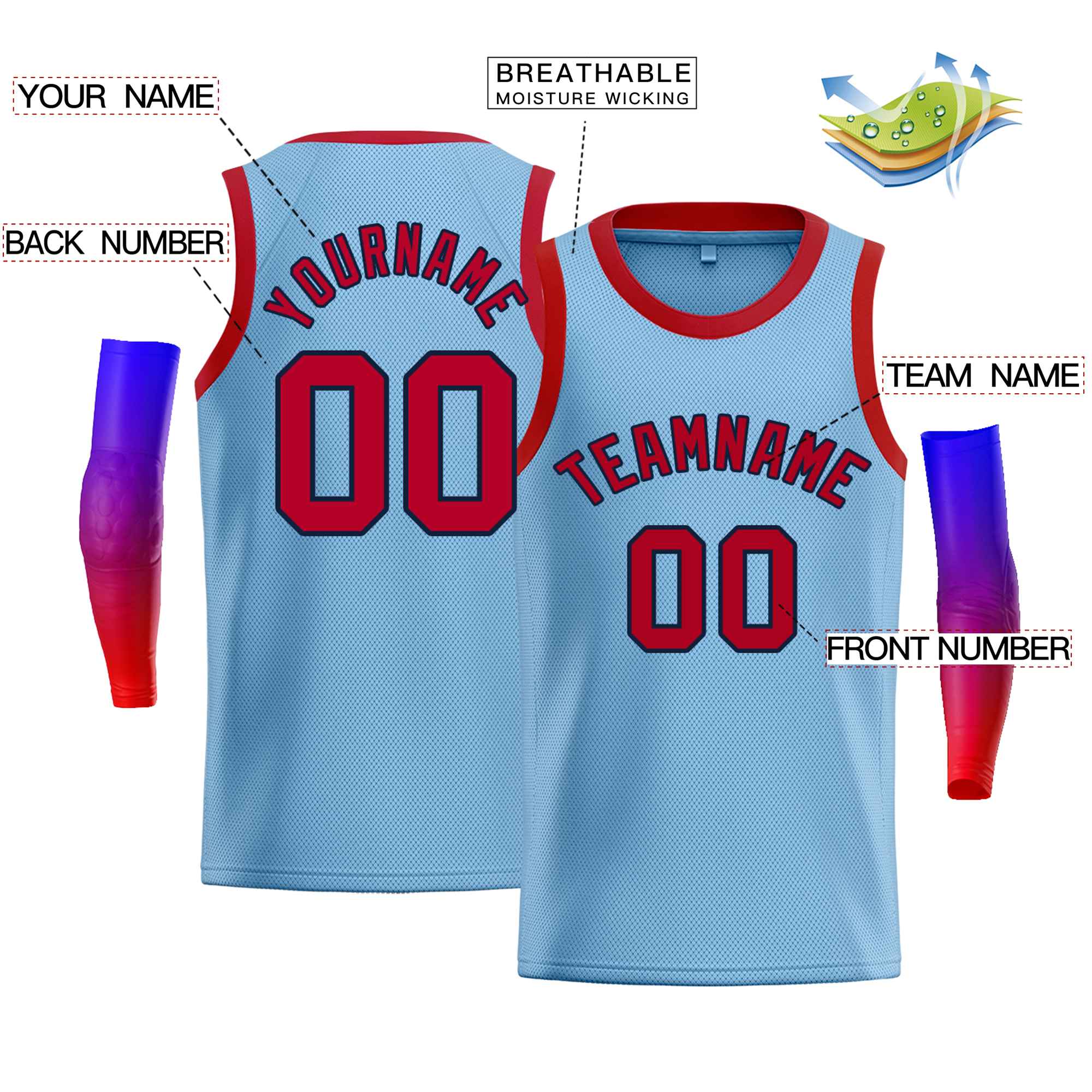 Custom Light Blue Navy-Red Classic Tops Men Casual Bull Basketball Jersey - Image 2