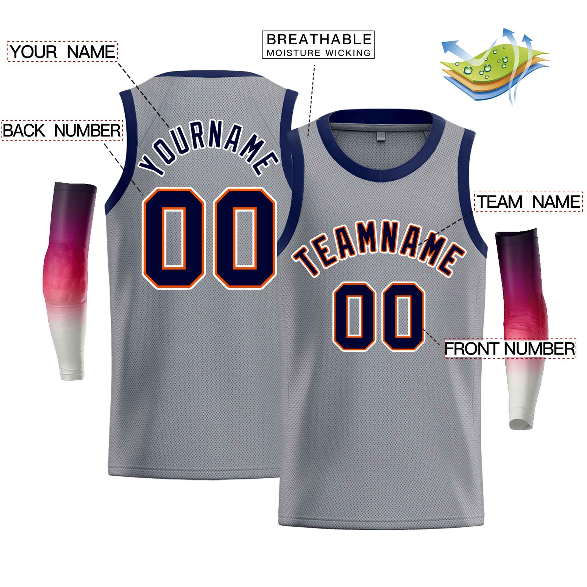 Custom Gray White-Orange Classic Tops Men Casual Bull Basketball Jersey - Image 2