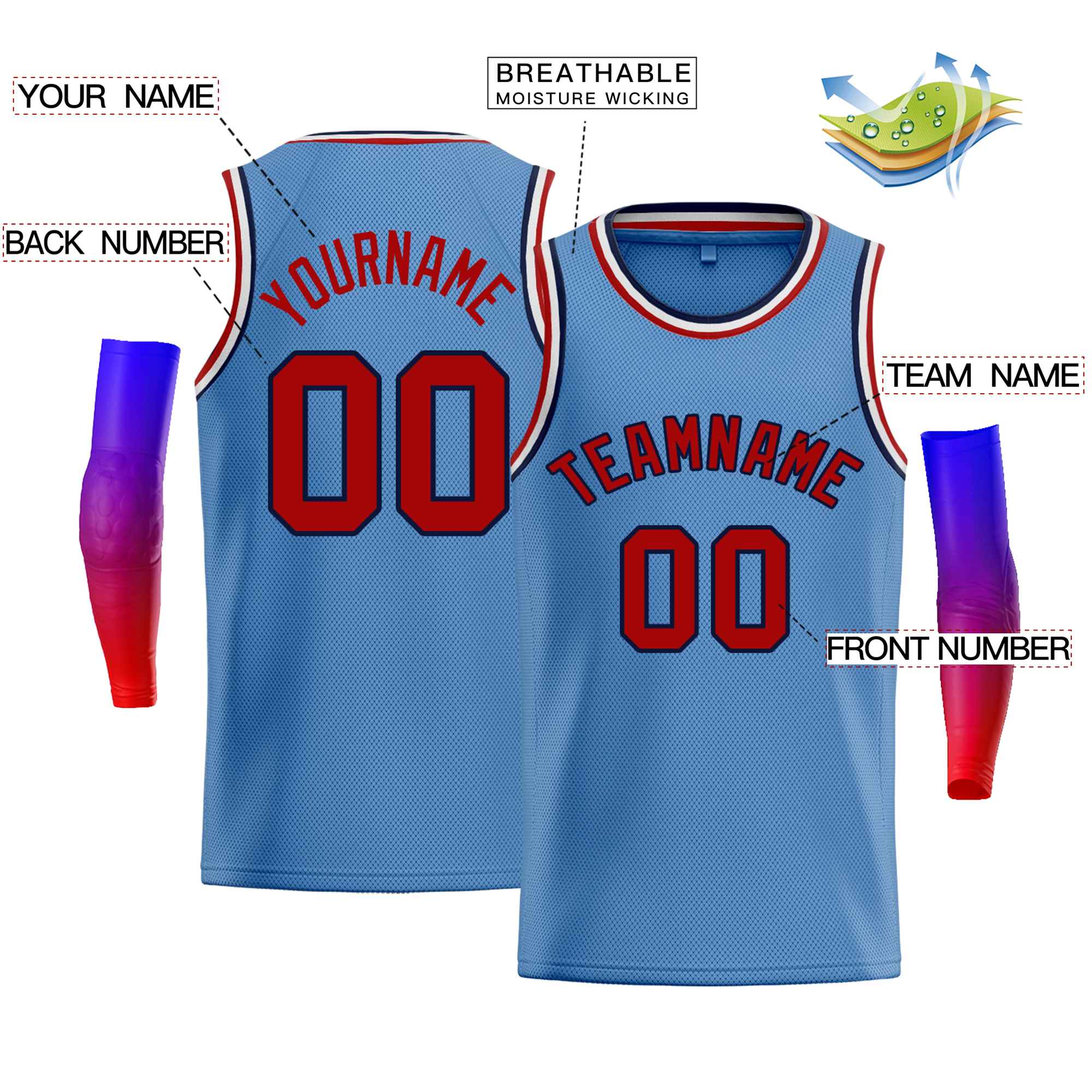 Custom Light Blue Navy-Red Classic Tops Men Casual Bull Basketball Jersey - Image 2