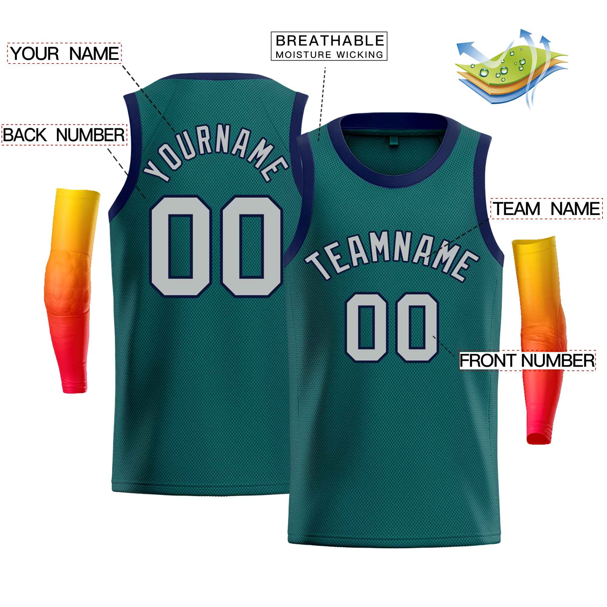 Custom Teal Navy-Gray Classic Tops Men Casual Bull Basketball Jersey - Image 2