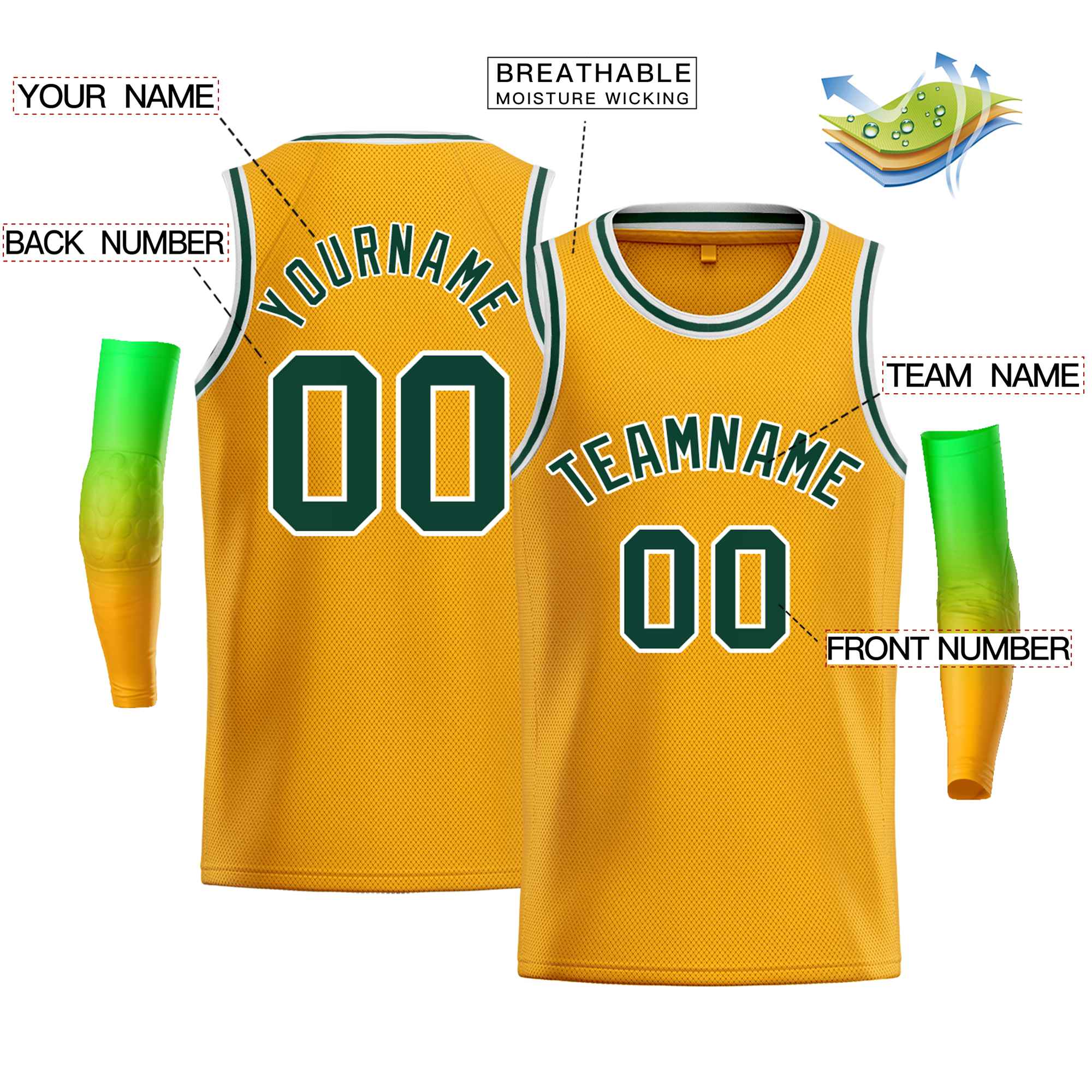 Custom Gold White-Kelly Green Classic Tops Men Casual Bull Basketball Jersey - Image 2