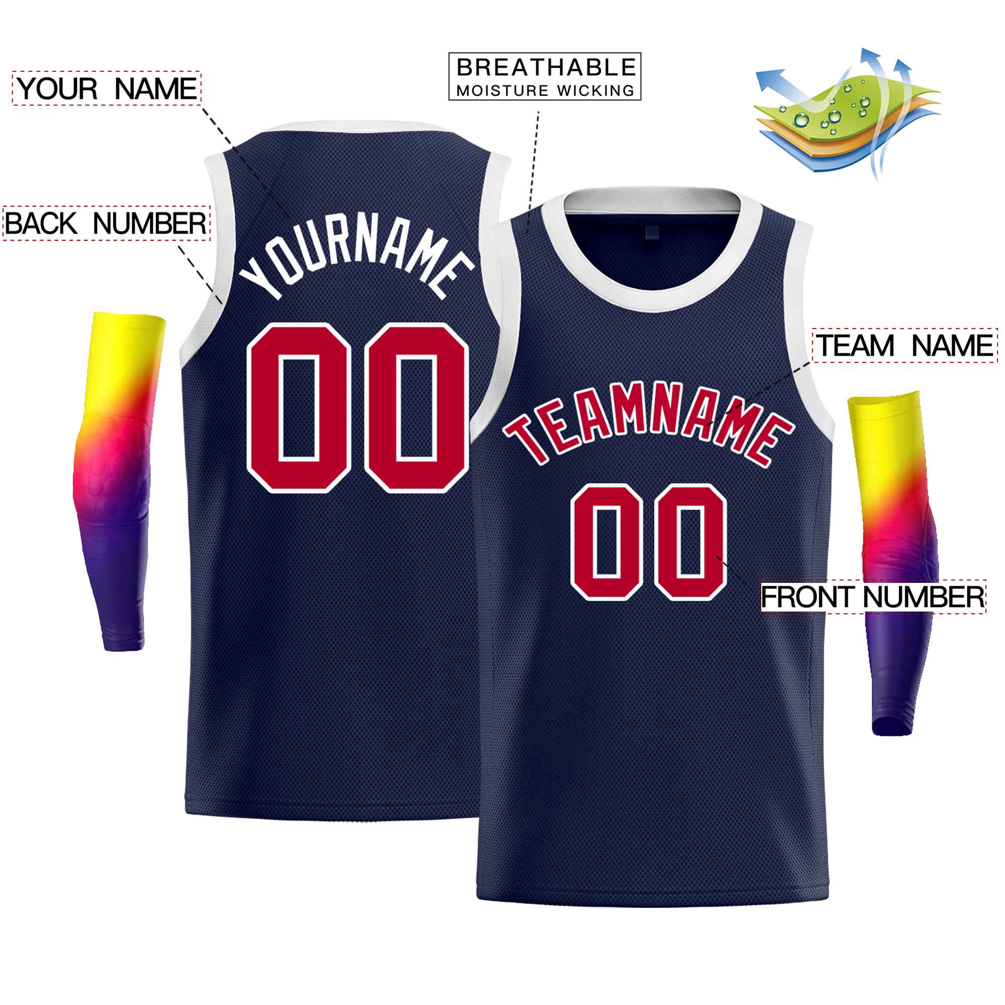 Custom Navy White-Red Classic Tops Men Casual Bull Basketball Jersey - Image 2