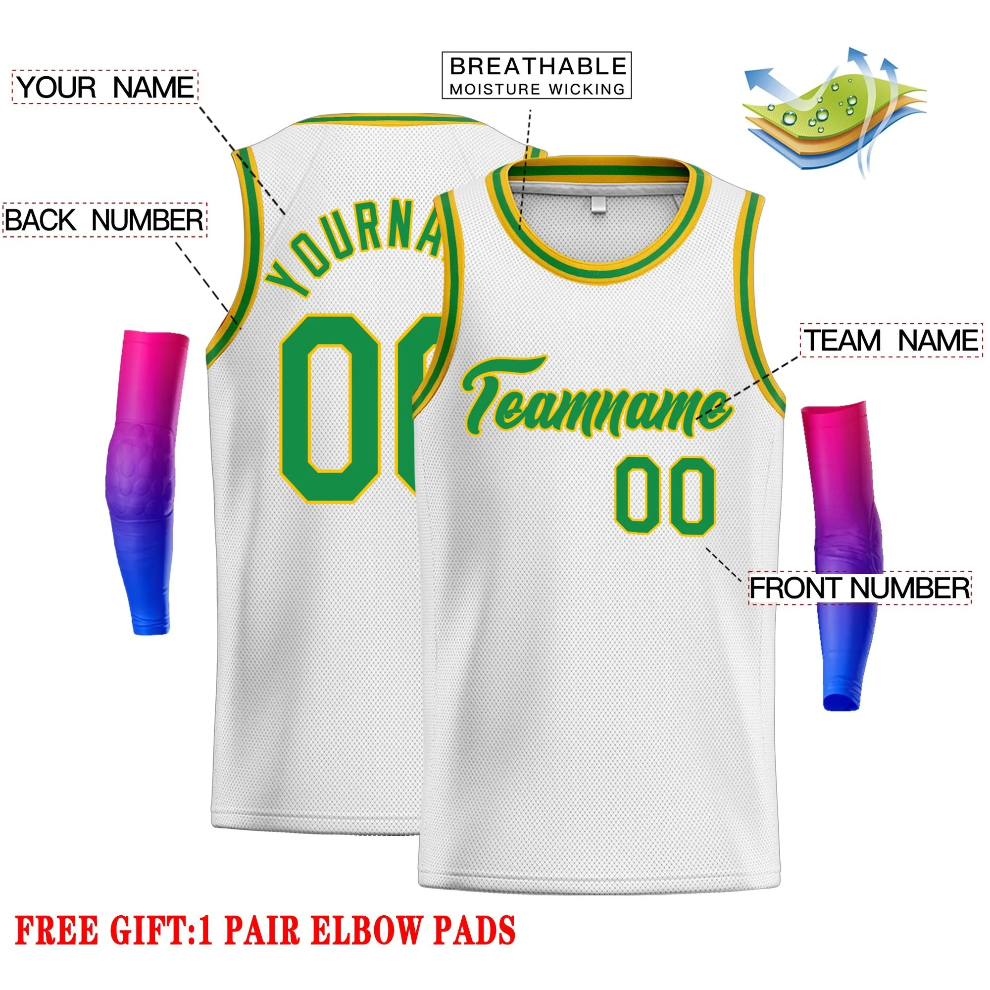 Custom White Green-Yellow Classic Tops Men Casual Basketball Jersey - Image 2