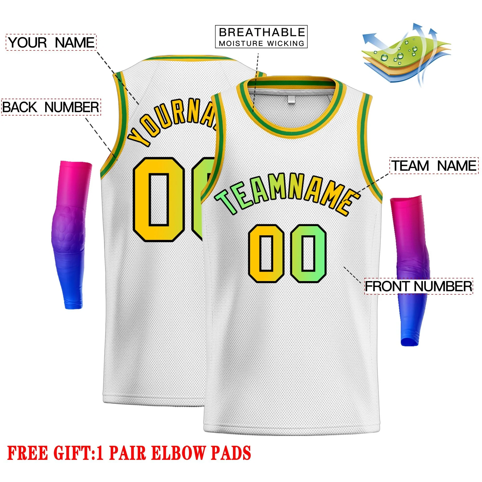 Custom White Green Classic Tops Fonts Gradient Fashion Tops Men Casual Basketball Jersey - Image 2