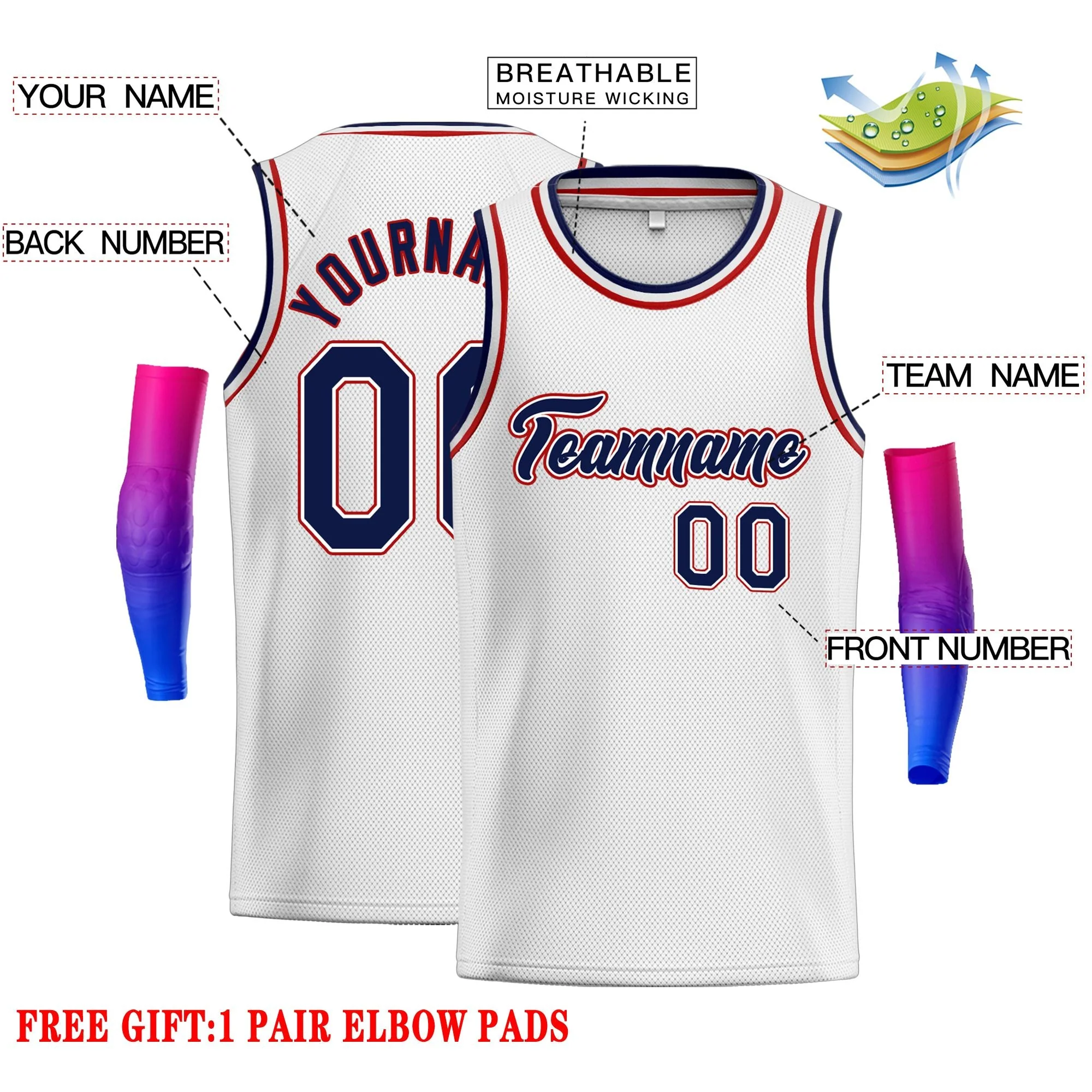 Custom White Navy-Red Classic Tops Men Casual Basketball Jersey - Image 2