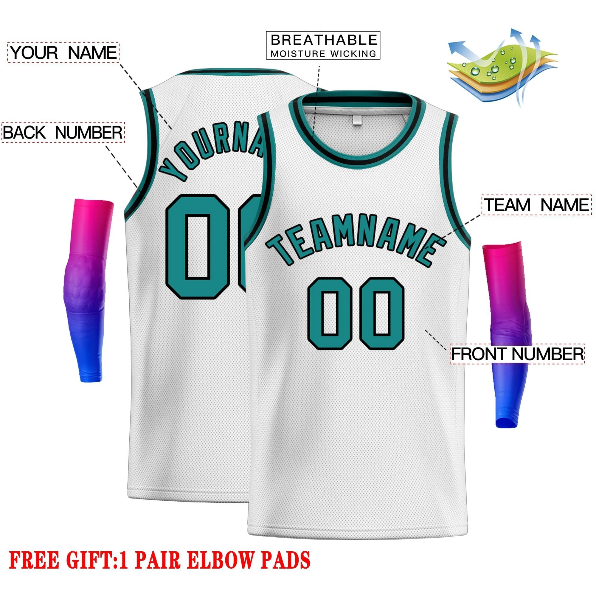 Custom White Teal-Black Classic Tops Men Casual Basketball Jersey - Image 2