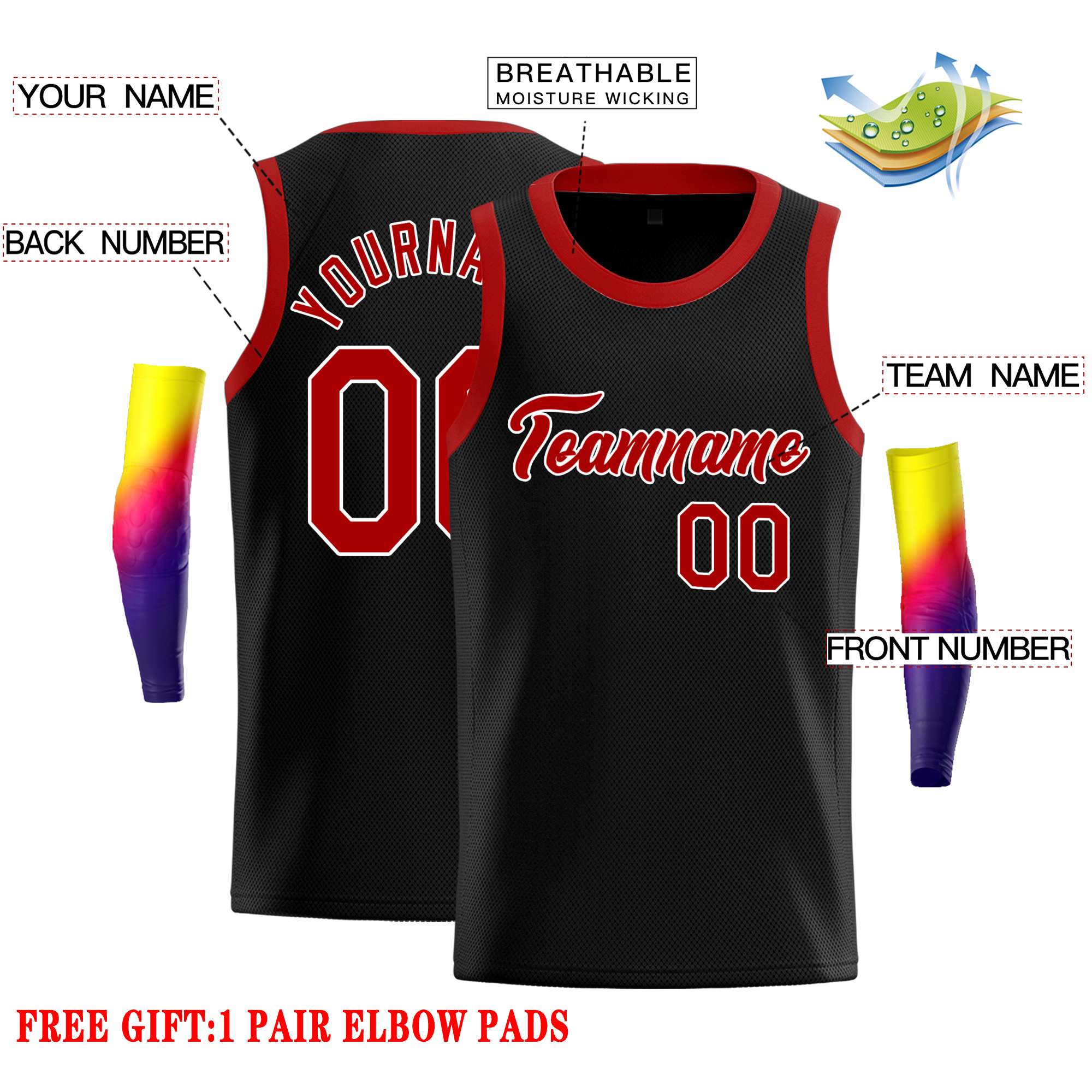 Custom Black Red-White Classic Tops Casual Basketball Jersey - Image 2