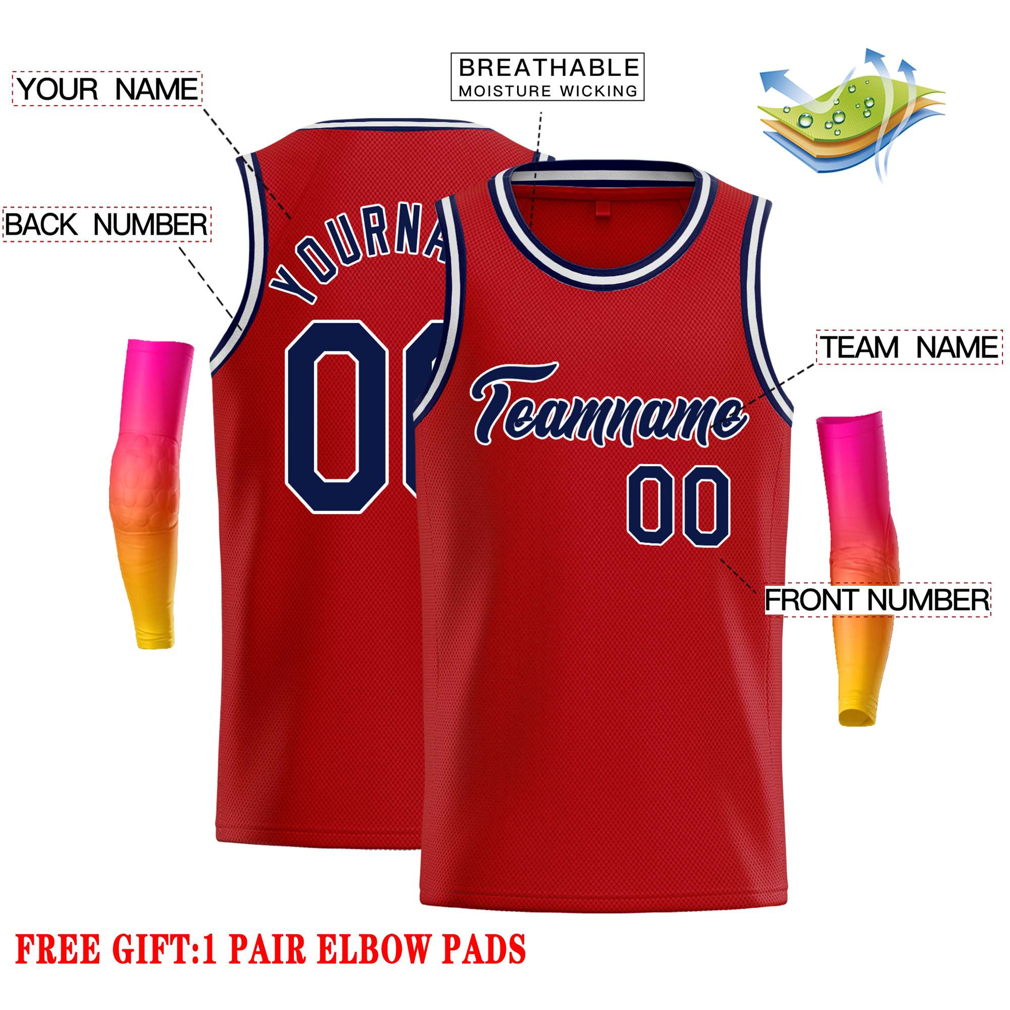 Custom Red Navy-White Classic Tops Casual Basketball Jersey - Image 2