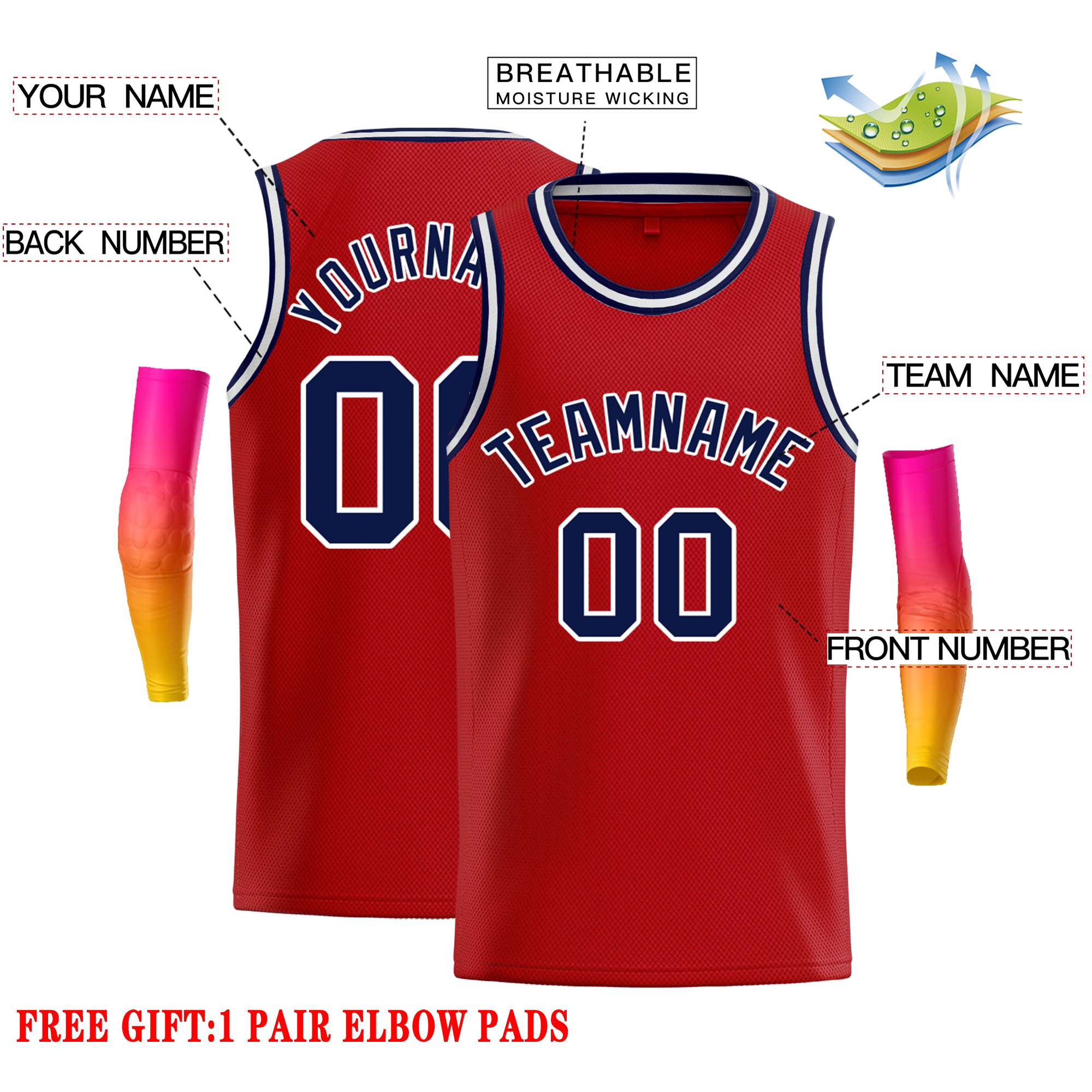 Custom Red Navy-White Classic Tops Casual Basketball Jersey - Image 2