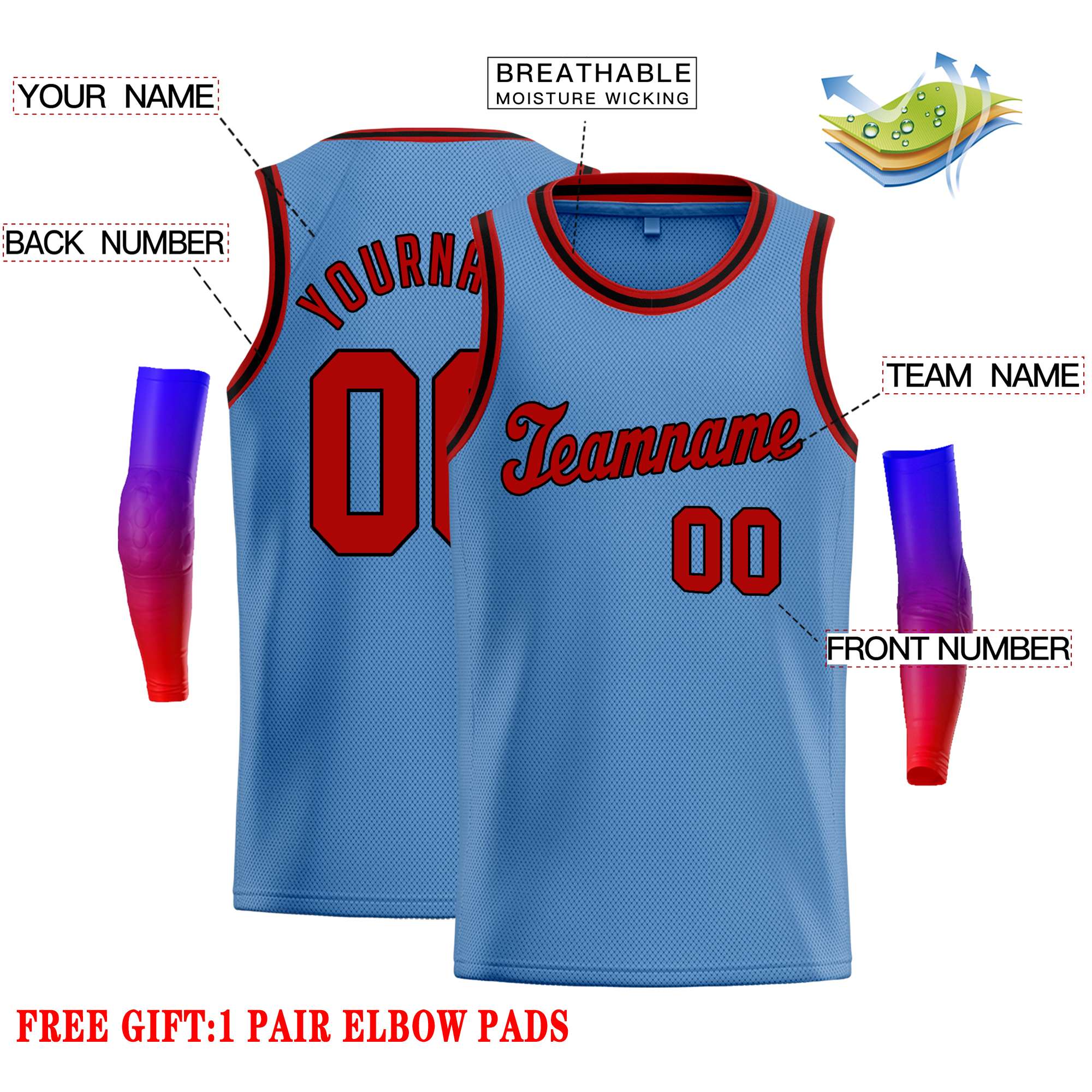 Custom Light Blue Red-Black Classic Tops Casual Basketball Jersey - Image 2