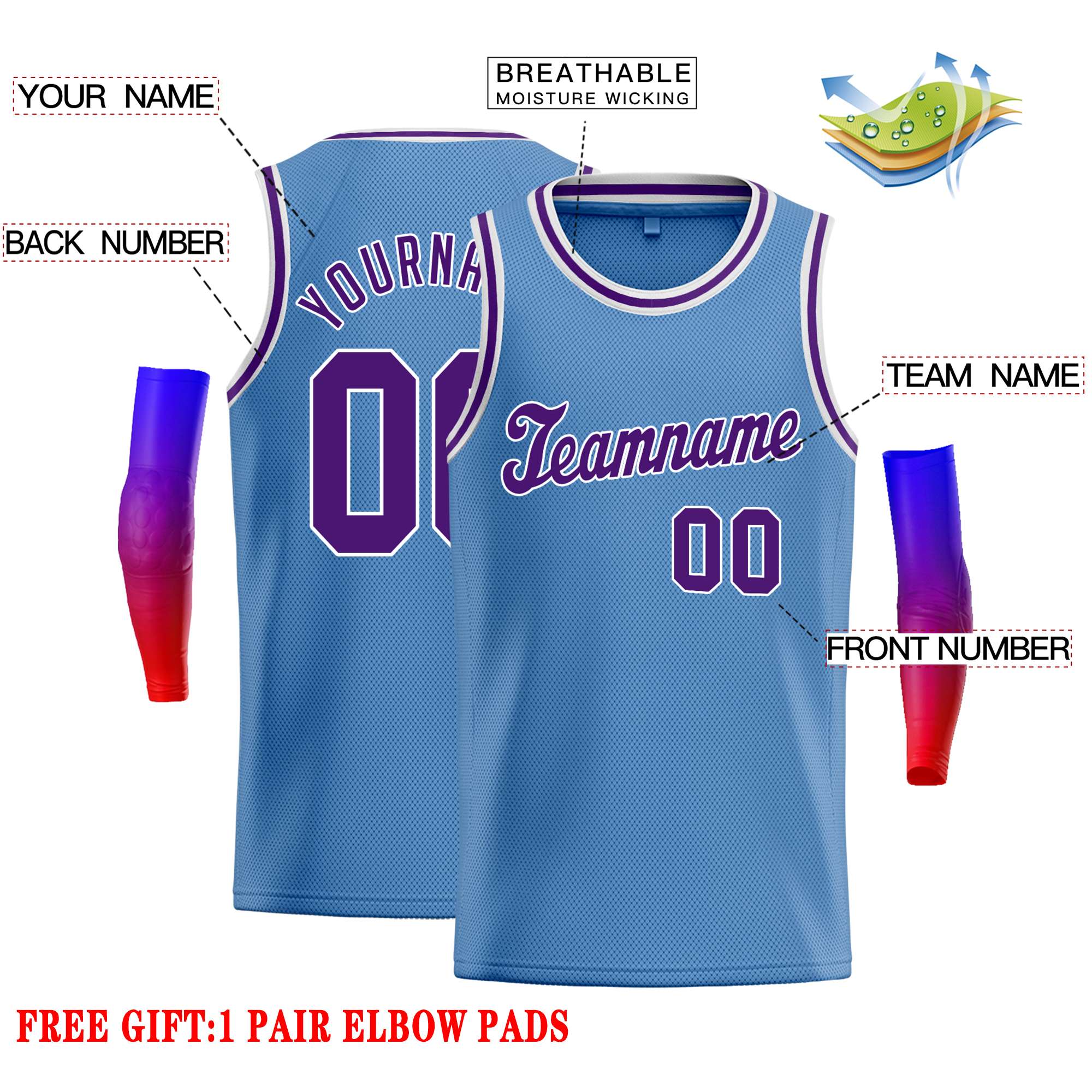 Custom Light Blue Purple-White Classic Tops Casual Basketball Jersey - Image 2