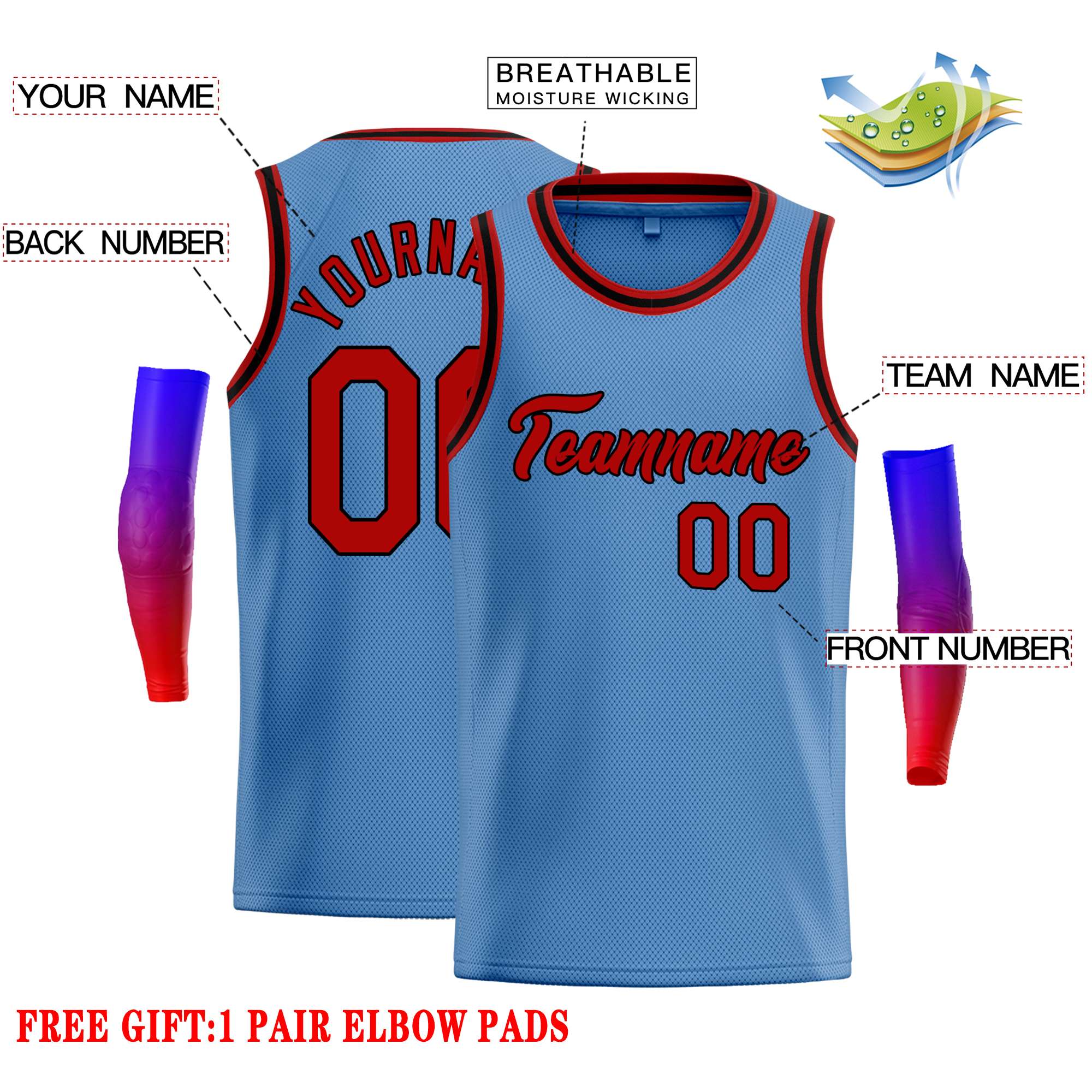 Custom Light Blue Red-Black Classic Tops Casual Basketball Jersey - Image 2