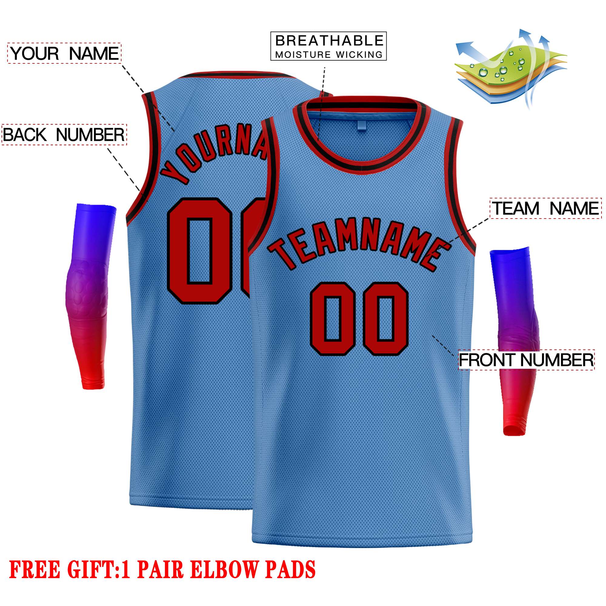 Custom Light Blue Red-Black Classic Tops Casual Basketball Jersey - Image 2