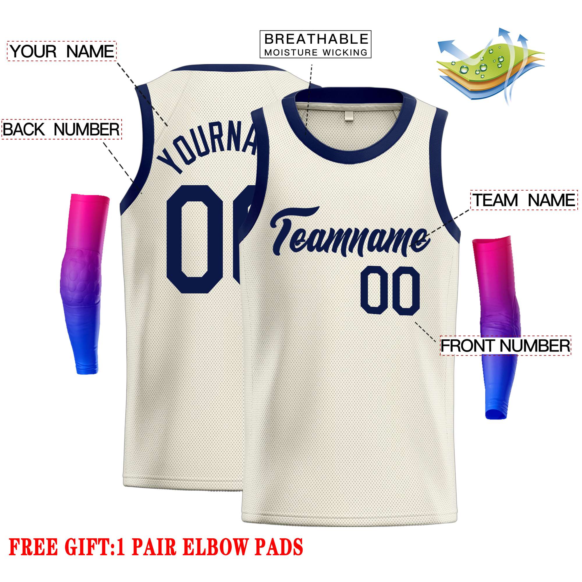 Custom Cream Navy Classic Tops Casual Basketball Jersey - Image 2