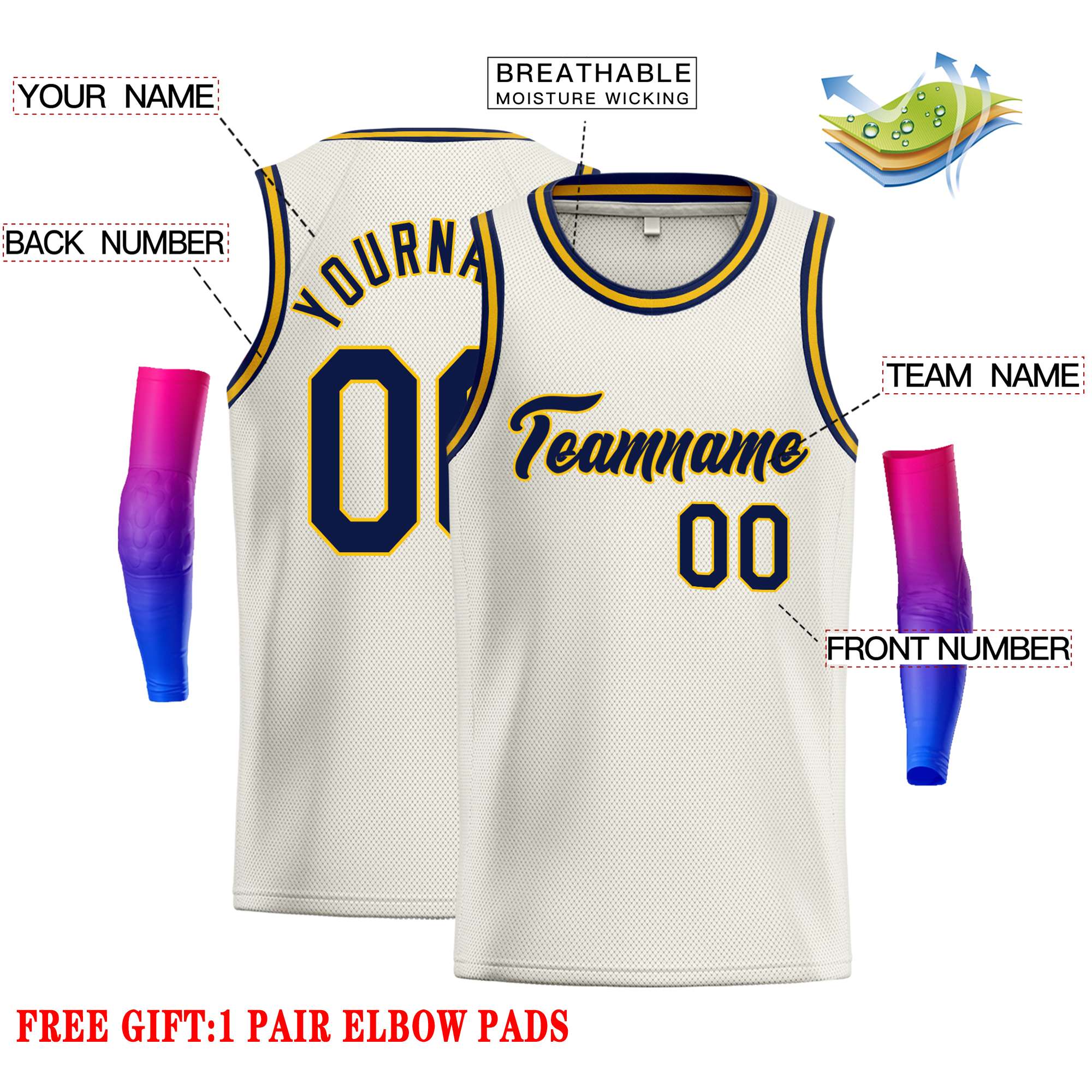 Custom Cream Navy-Yellow Classic Tops Casual Basketball Jersey - Image 2