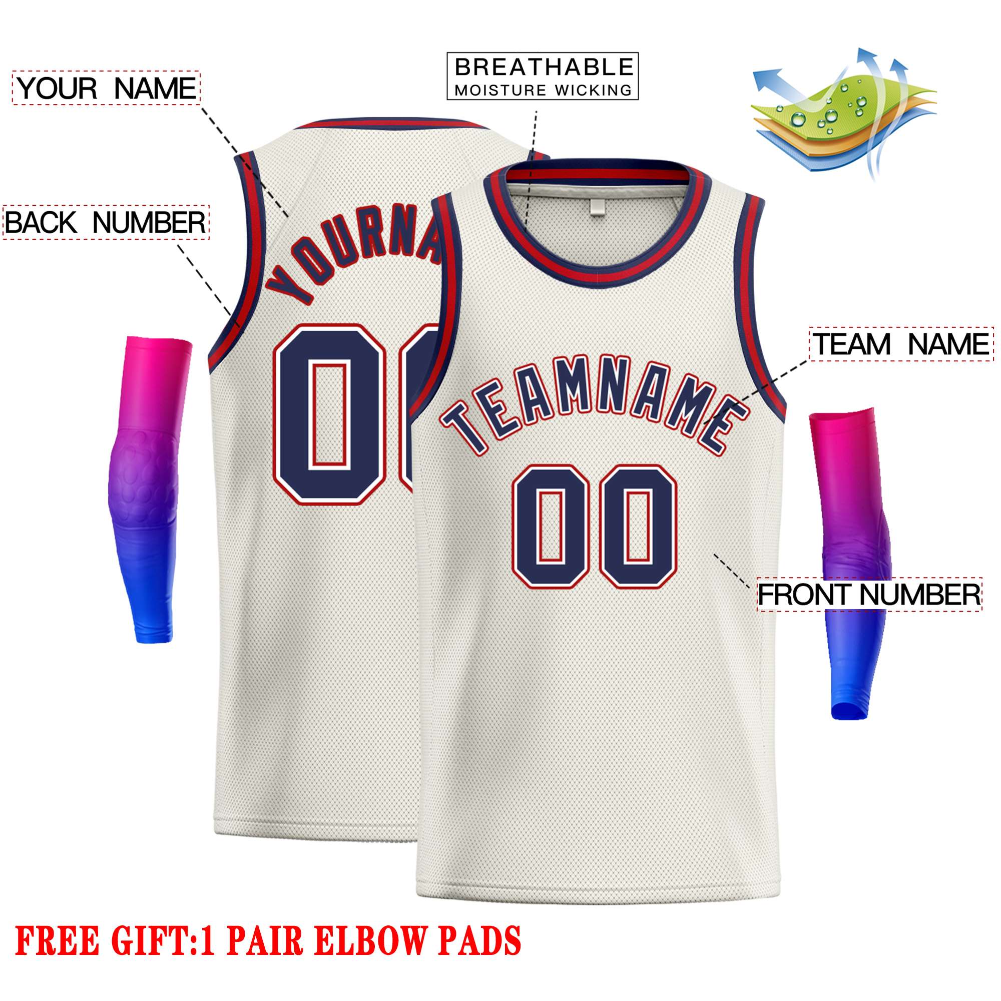 Custom Cream Navy-Red Classic Tops Casual Basketball Jersey - Image 2