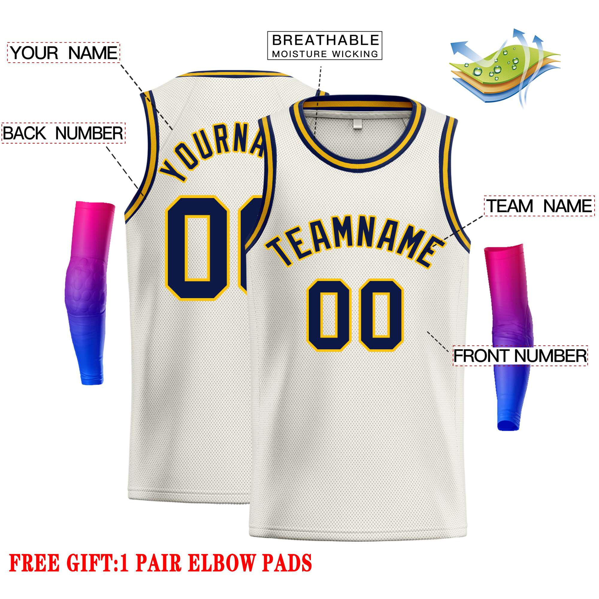 Custom Cream Navy-Yellow Classic Tops Casual Basketball Jersey - Image 2