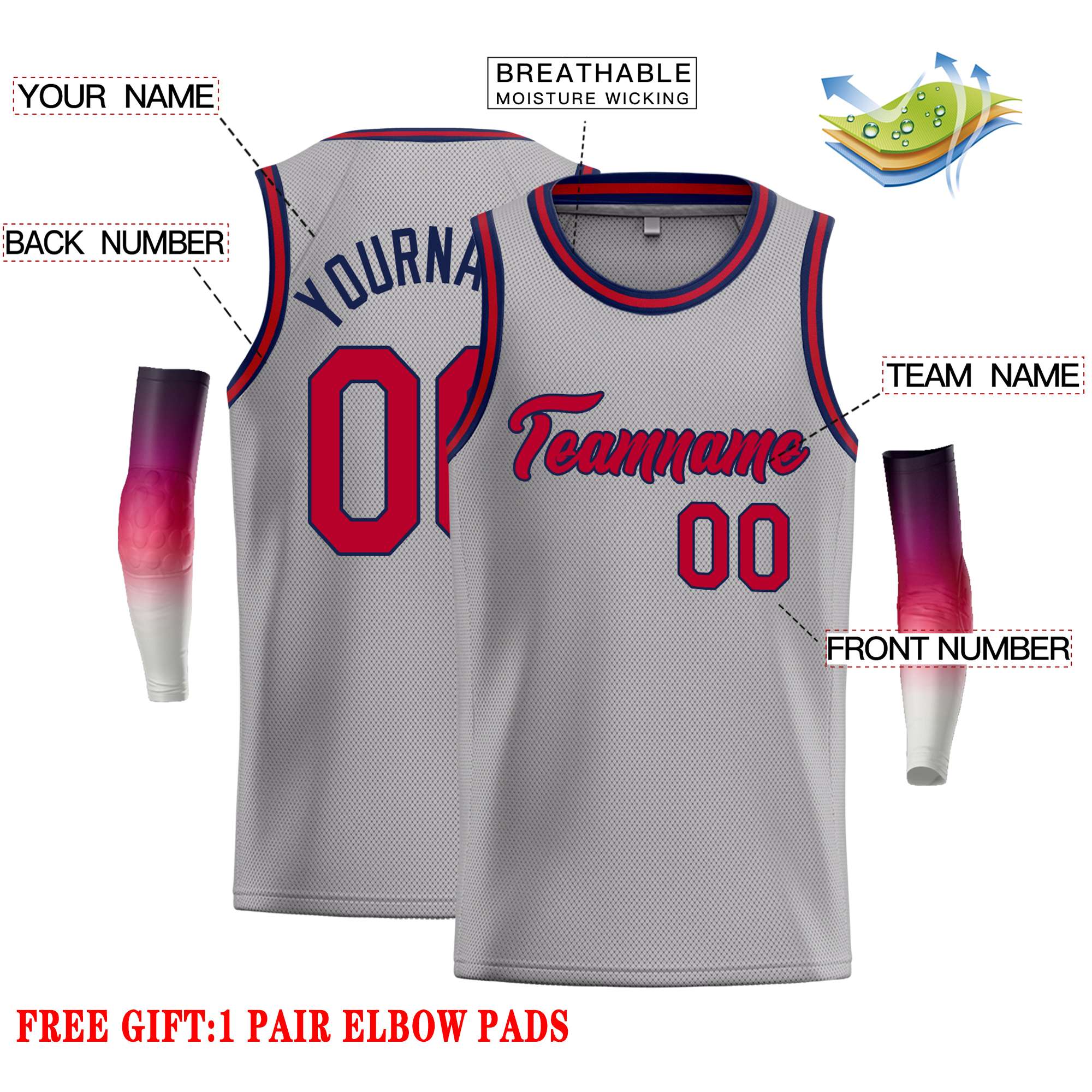 Custom Dark Gray Red-Navy Classic Tops Casual Basketball Jersey - Image 2