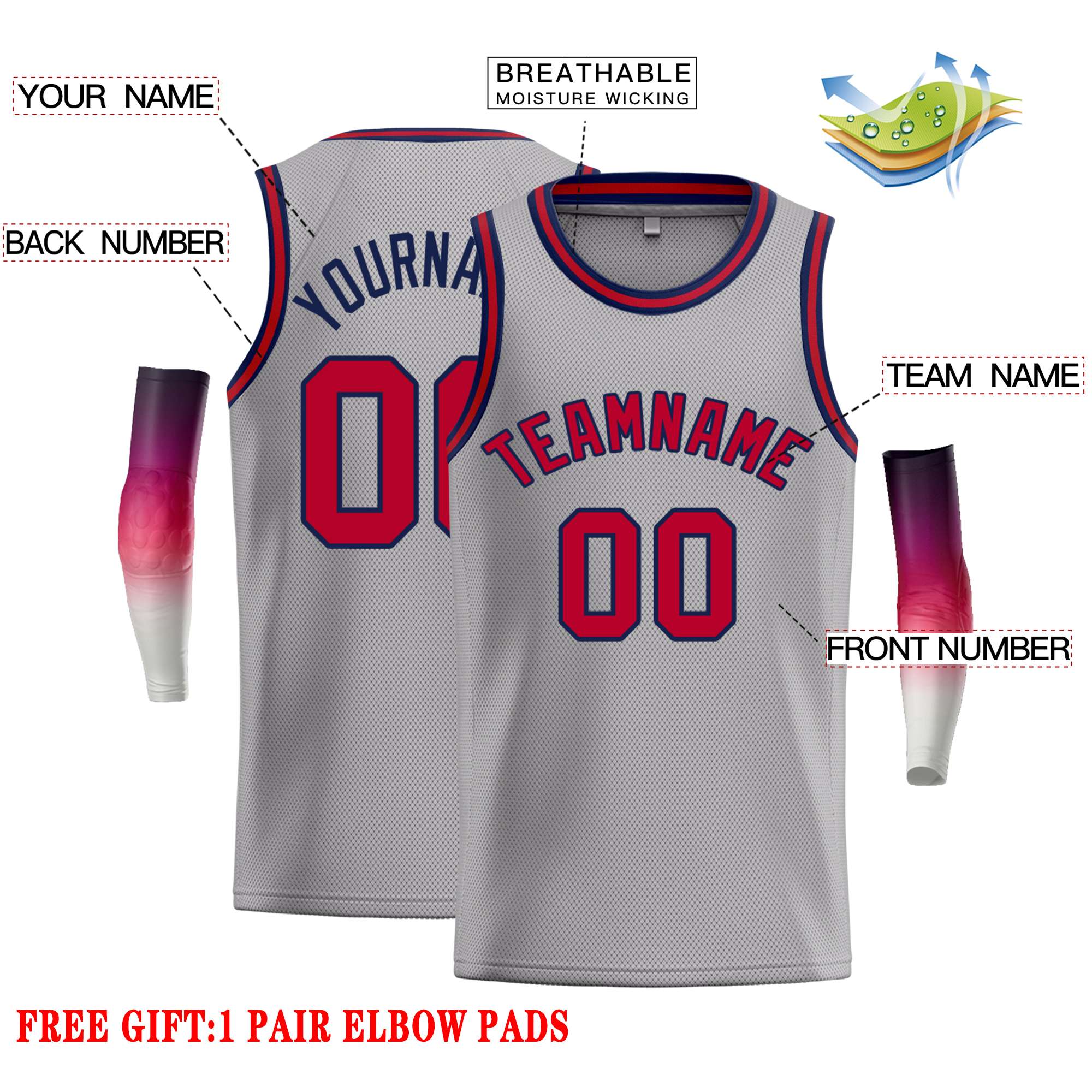 Custom Dark Gray Red-Navy Classic Tops Casual Basketball Jersey - Image 2