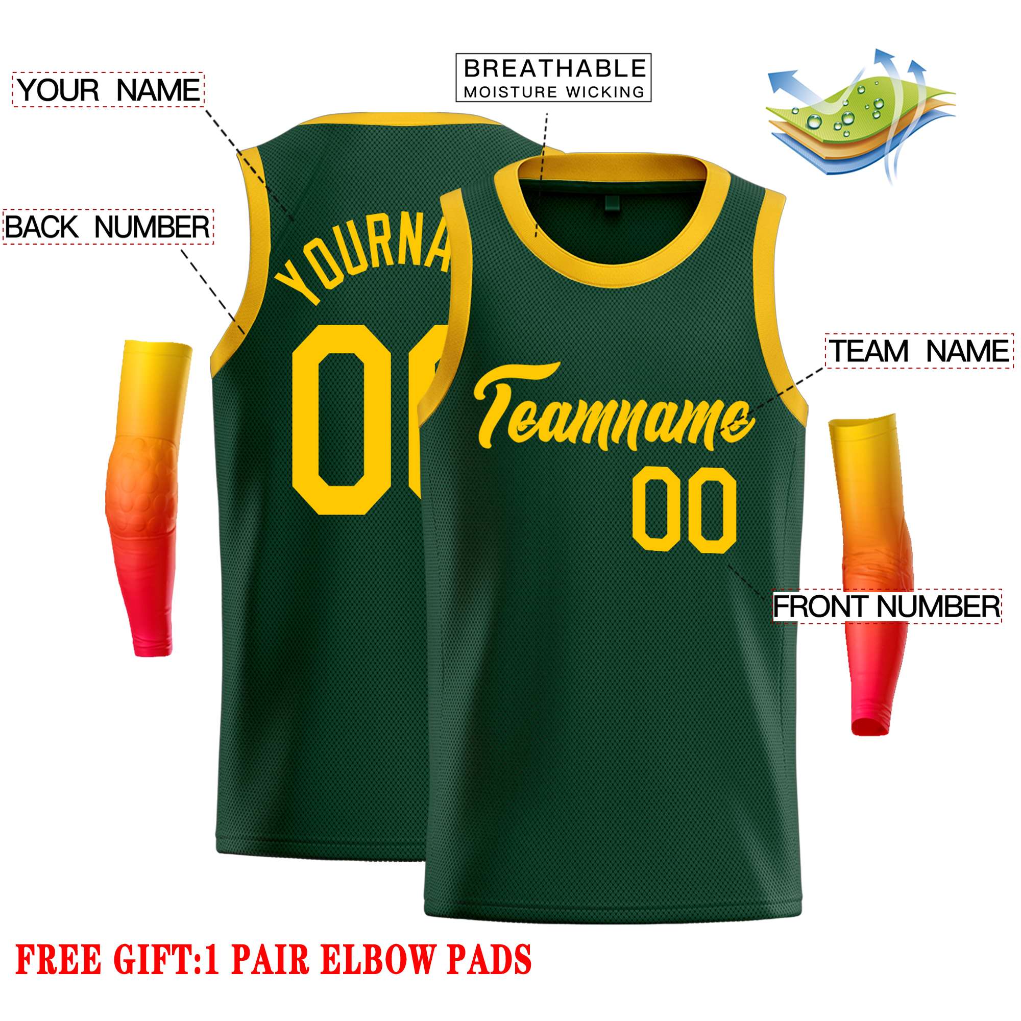 Custom Green Yellow Classic Tops Casual Basketball Jersey - Image 2